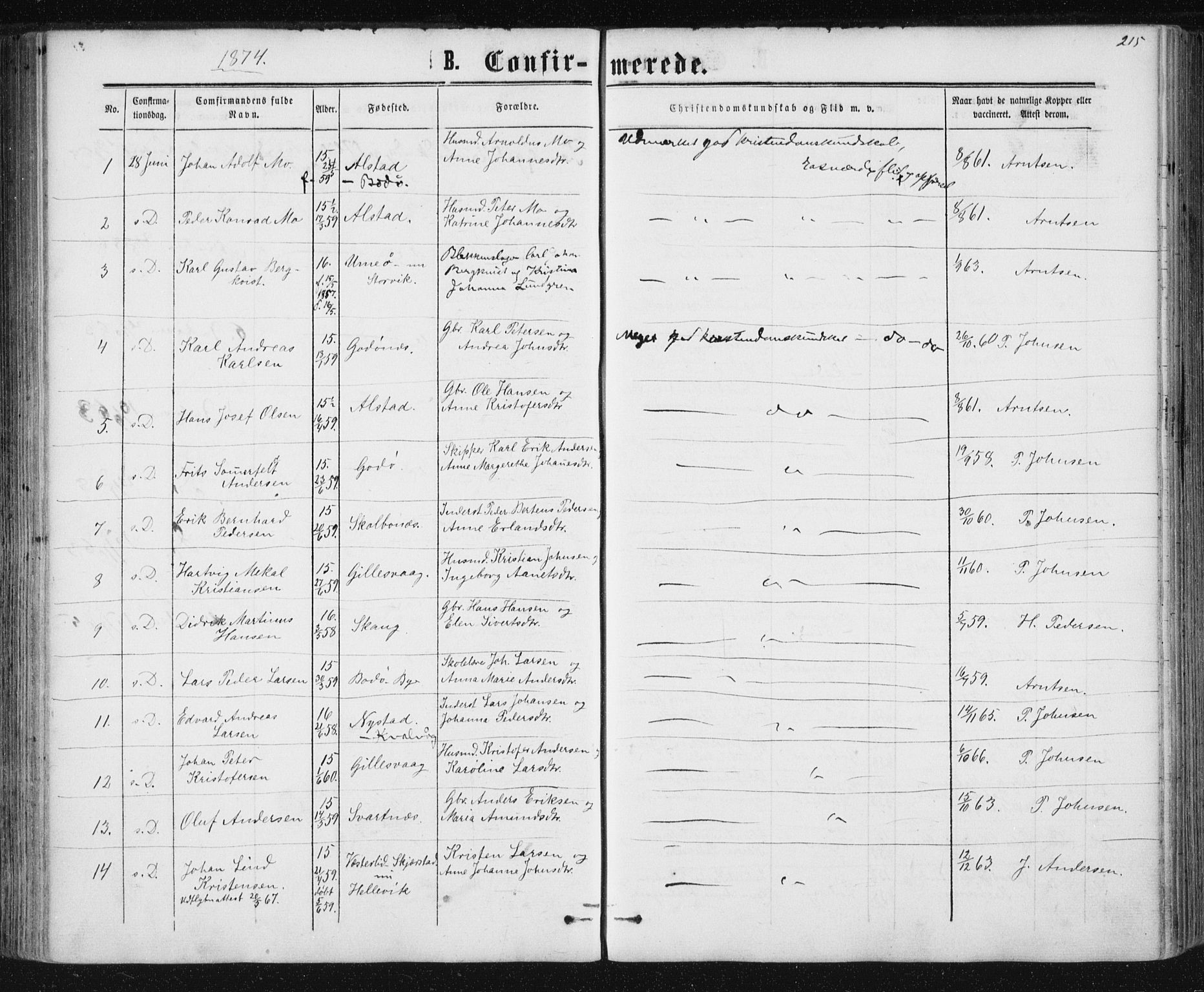 Ministerialprotokoller, klokkerbøker og fødselsregistre - Nordland, SAT/A-1459/801/L0008: Parish register (official) no. 801A08, 1864-1875, p. 215