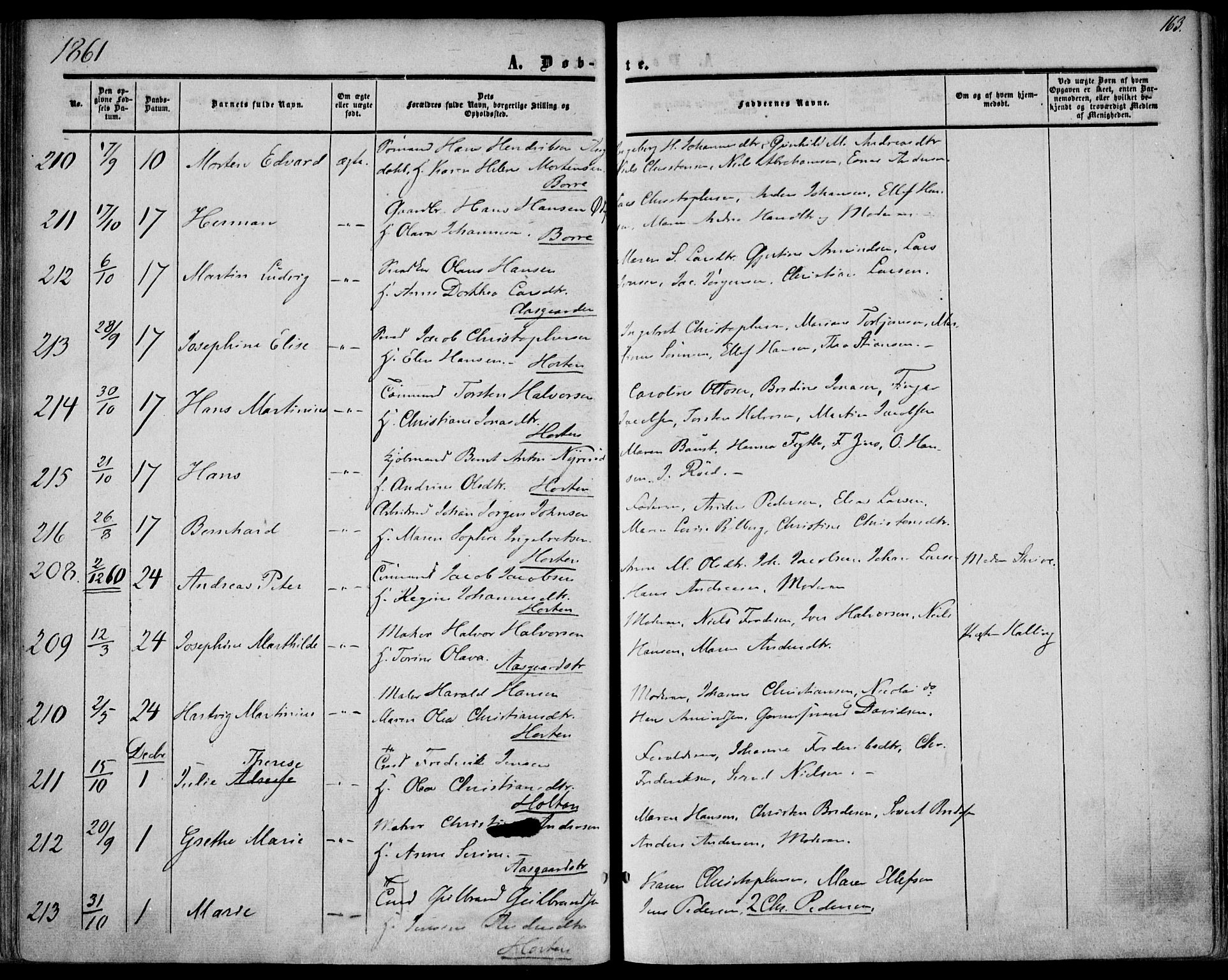 Borre kirkebøker, SAKO/A-338/F/Fa/L0006: Parish register (official) no. I 6, 1852-1862, p. 163