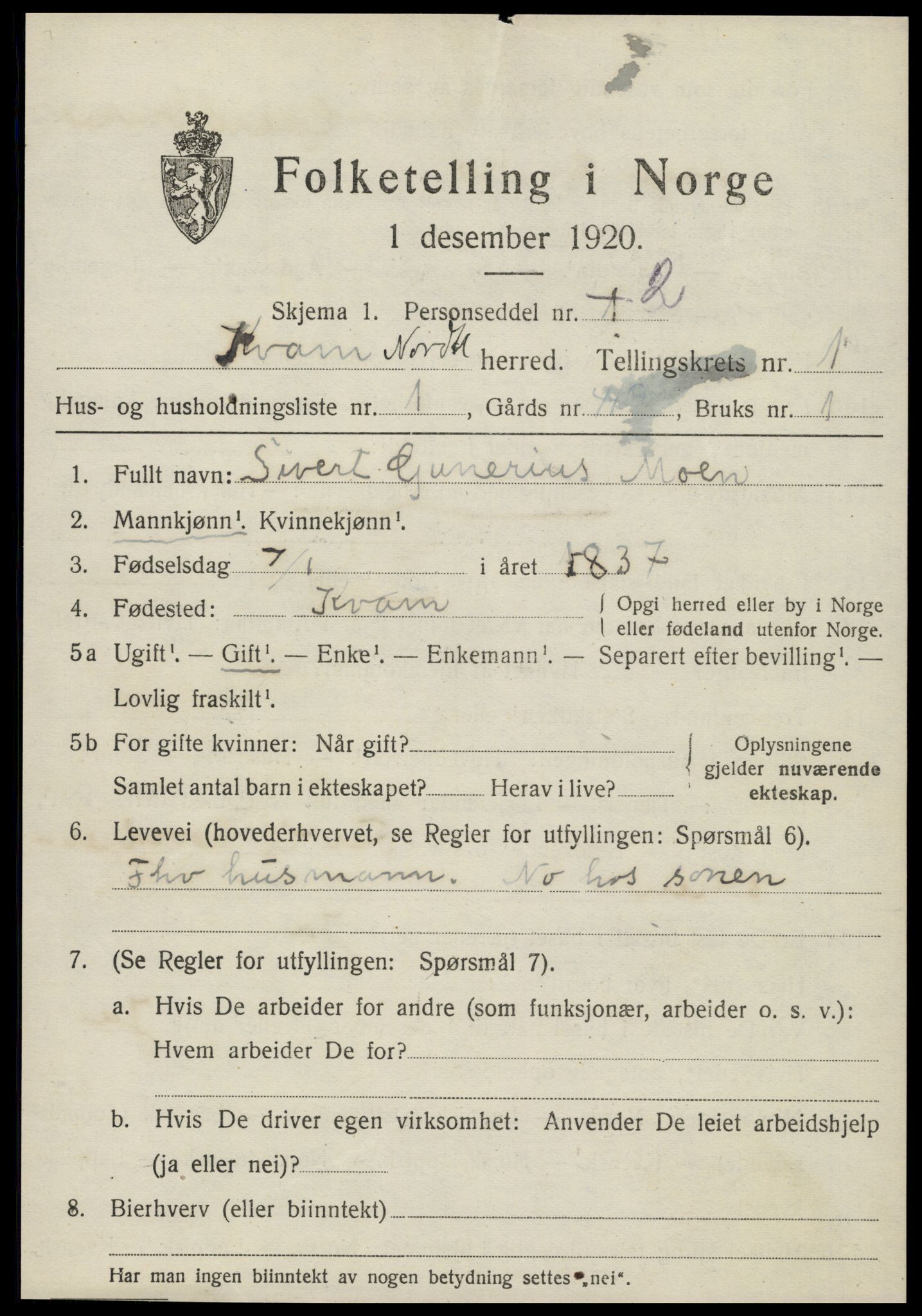 SAT, 1920 census for Kvam, 1920, p. 493