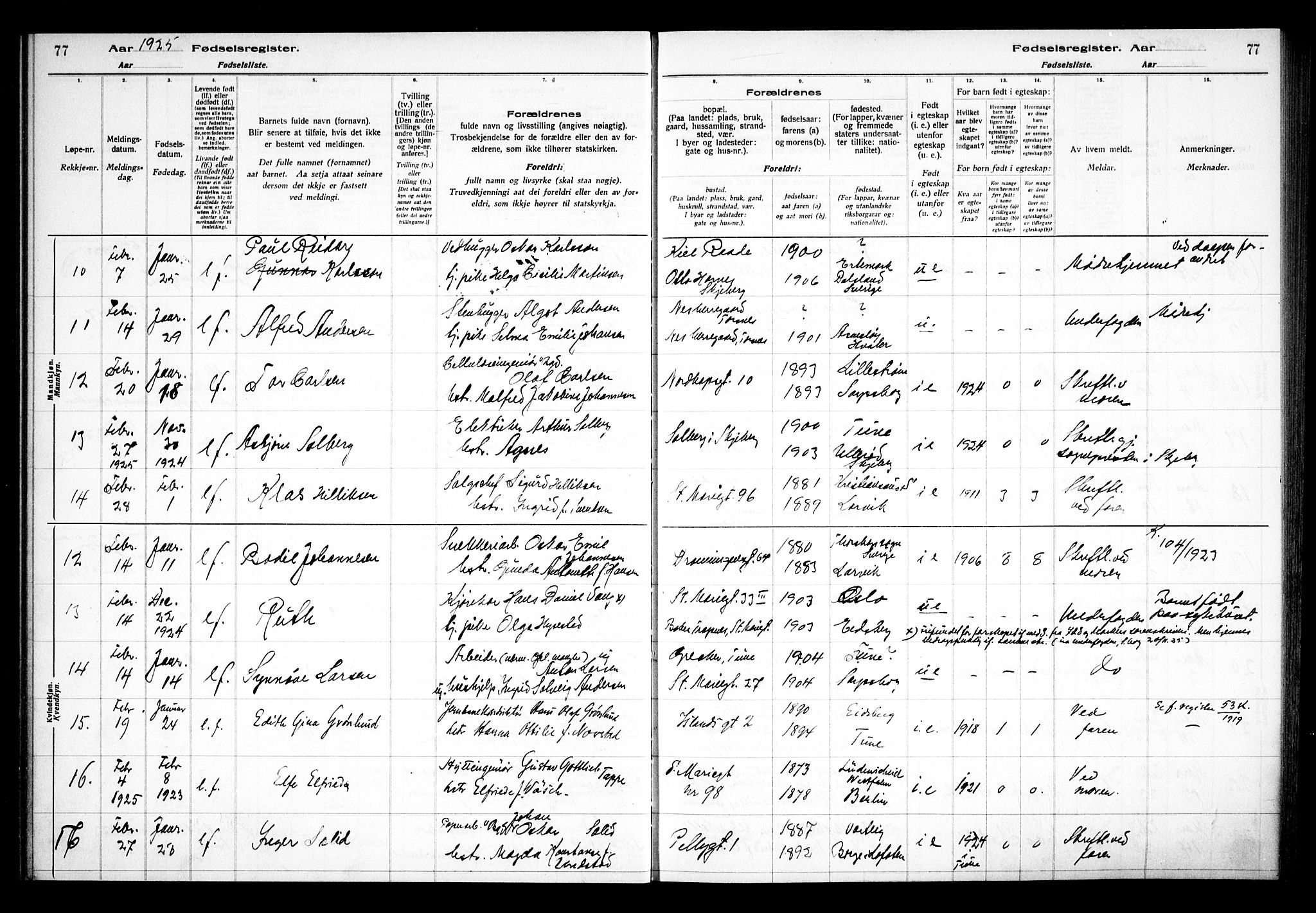 Sarpsborg prestekontor Kirkebøker, AV/SAO-A-2006/J/Ja/L0002: Birth register no. 2, 1922-1928, p. 77