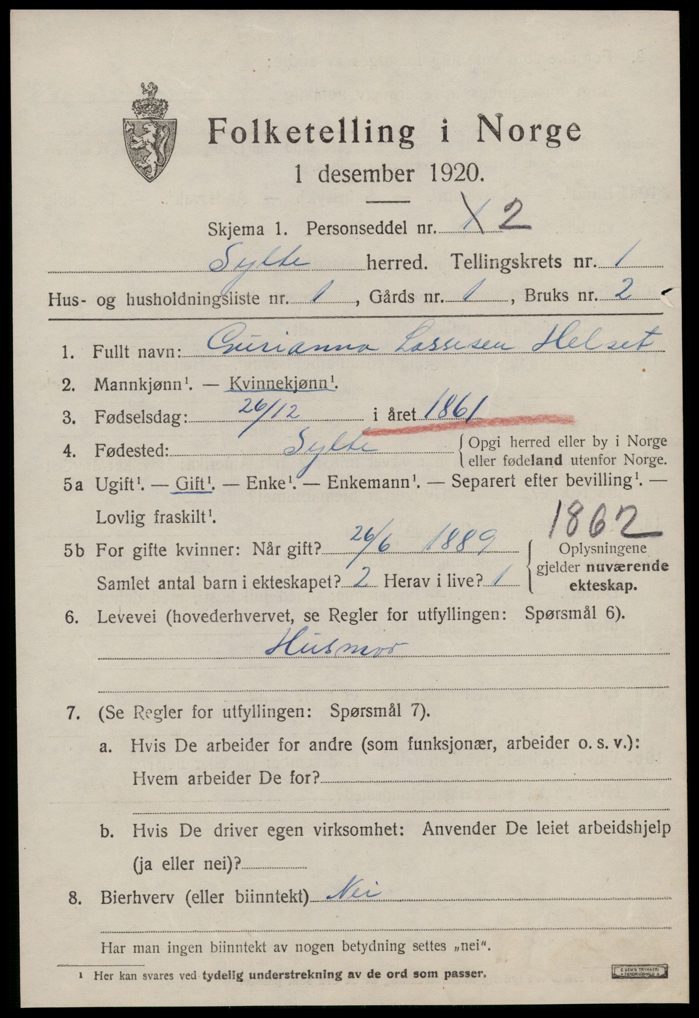 SAT, 1920 census for Sylte, 1920, p. 583