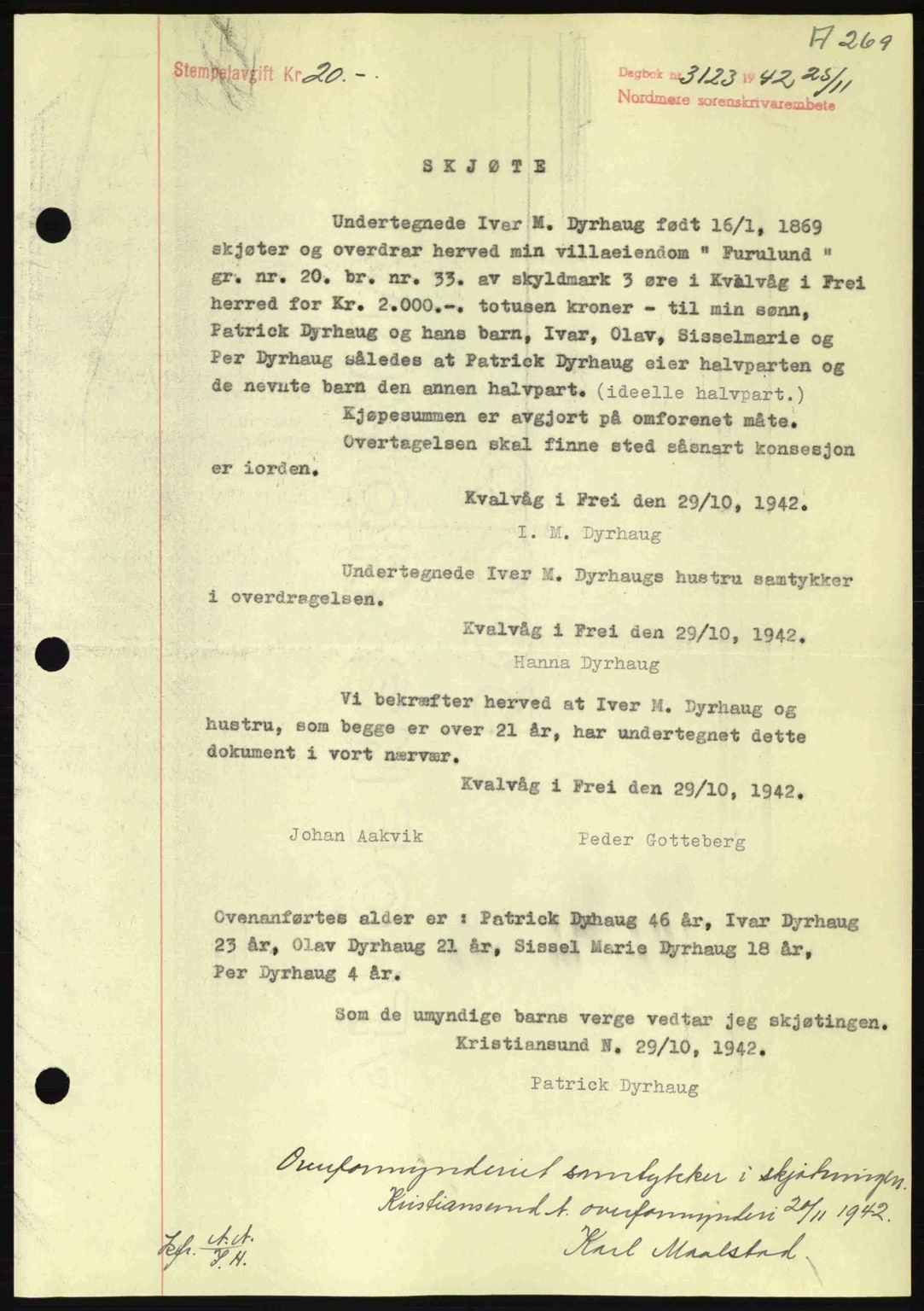 Nordmøre sorenskriveri, AV/SAT-A-4132/1/2/2Ca: Mortgage book no. A94, 1942-1943, Diary no: : 3123/1942