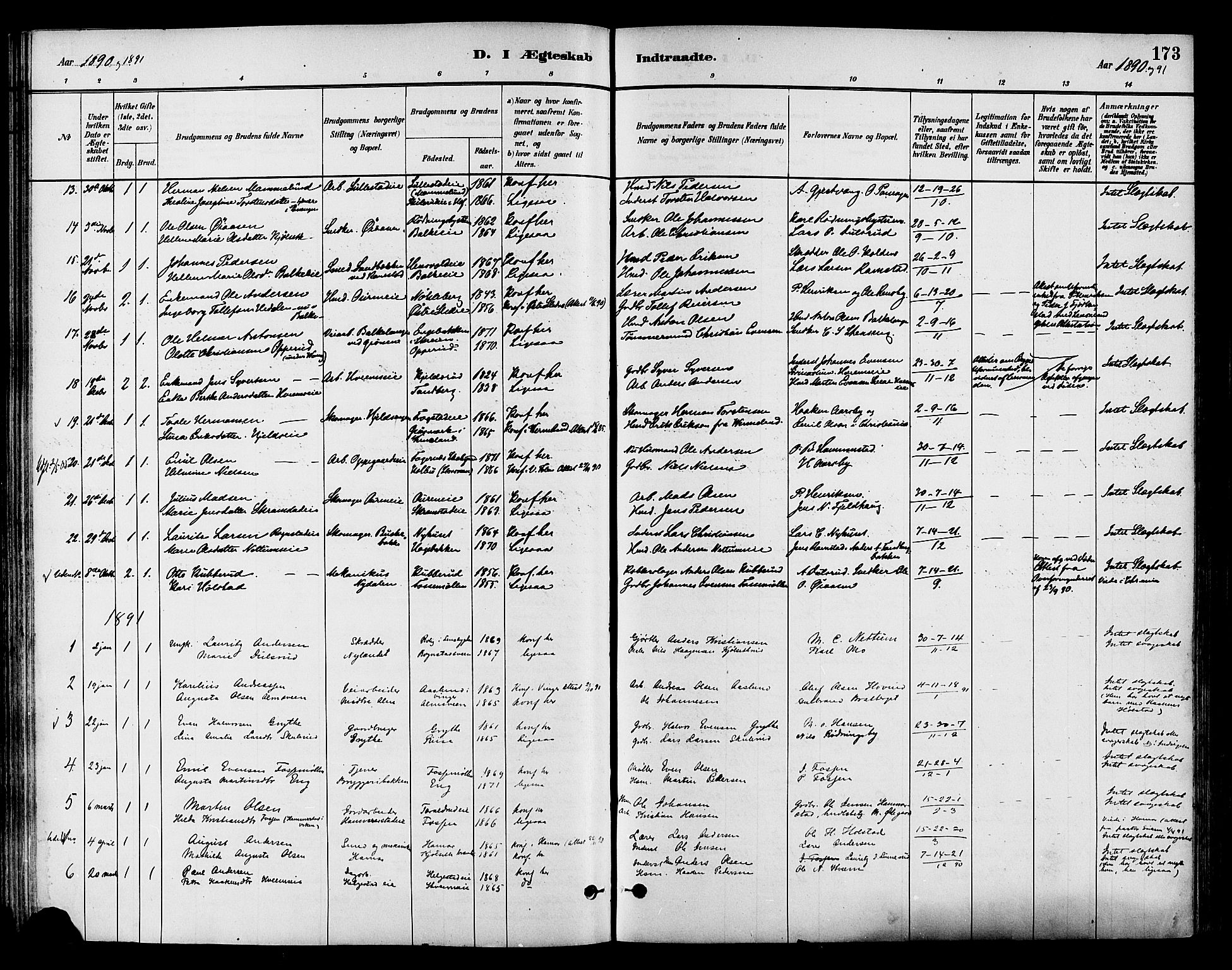 Østre Toten prestekontor, SAH/PREST-104/H/Ha/Haa/L0007: Parish register (official) no. 7, 1881-1896, p. 173