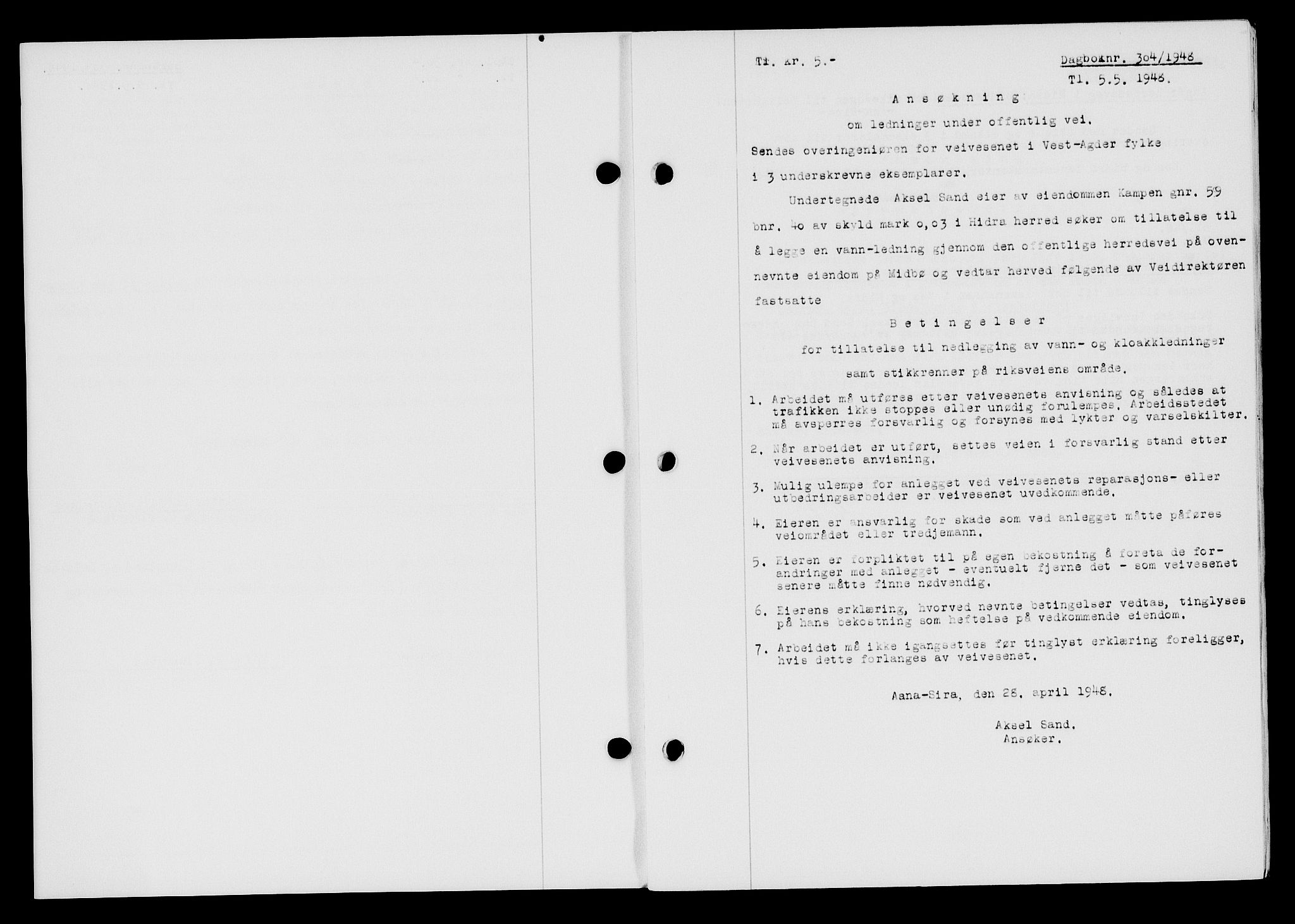 Flekkefjord sorenskriveri, AV/SAK-1221-0001/G/Gb/Gba/L0063: Mortgage book no. A-11, 1947-1948, Diary no: : 304/1948