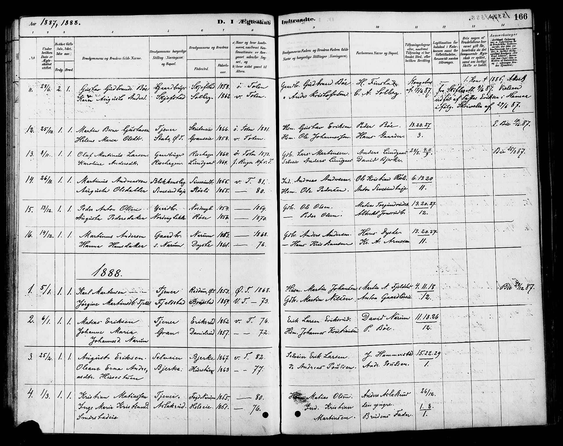 Vestre Toten prestekontor, SAH/PREST-108/H/Ha/Haa/L0010: Parish register (official) no. 10, 1878-1894, p. 166
