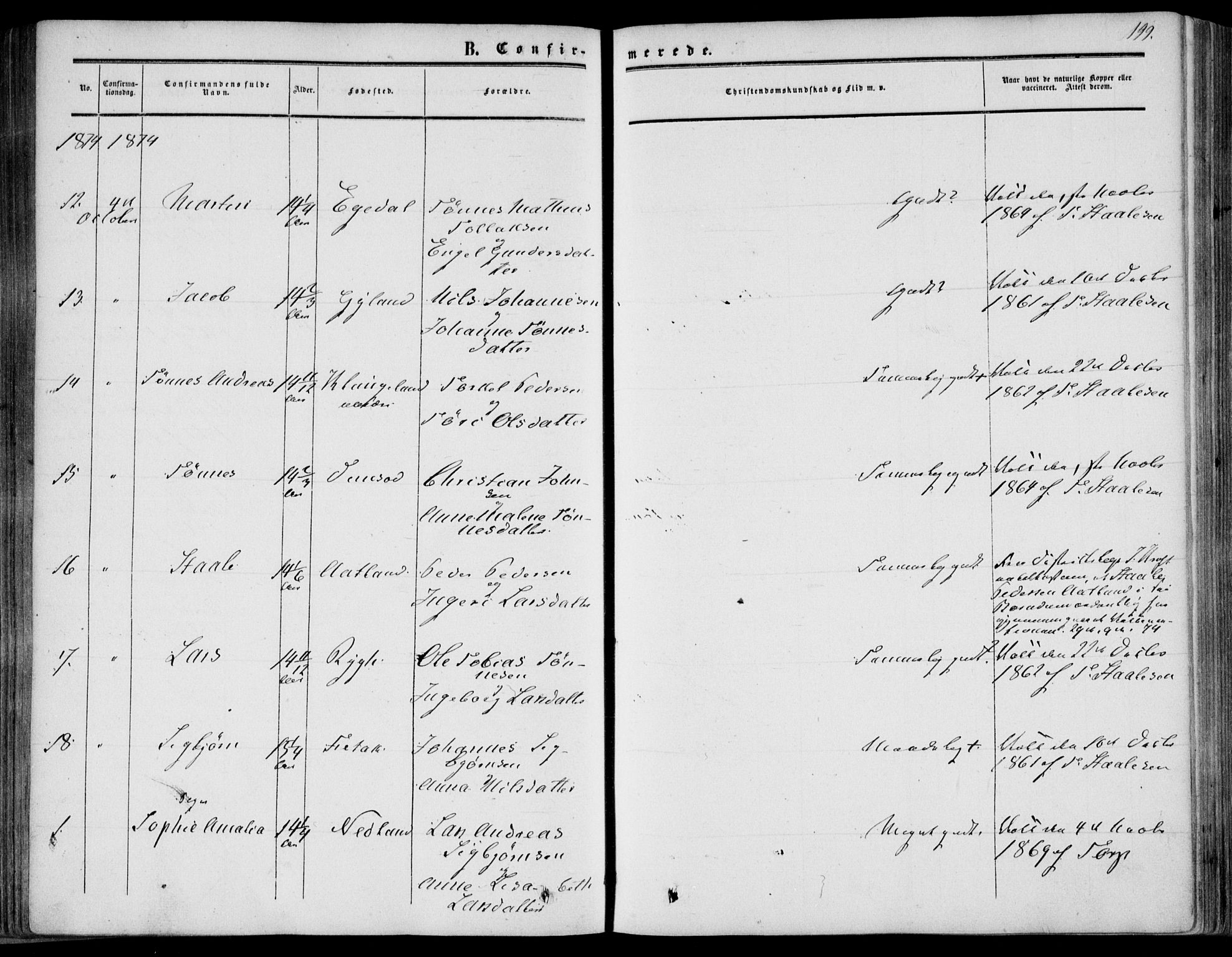 Bakke sokneprestkontor, AV/SAK-1111-0002/F/Fa/Fab/L0002: Parish register (official) no. A 2, 1855-1884, p. 199