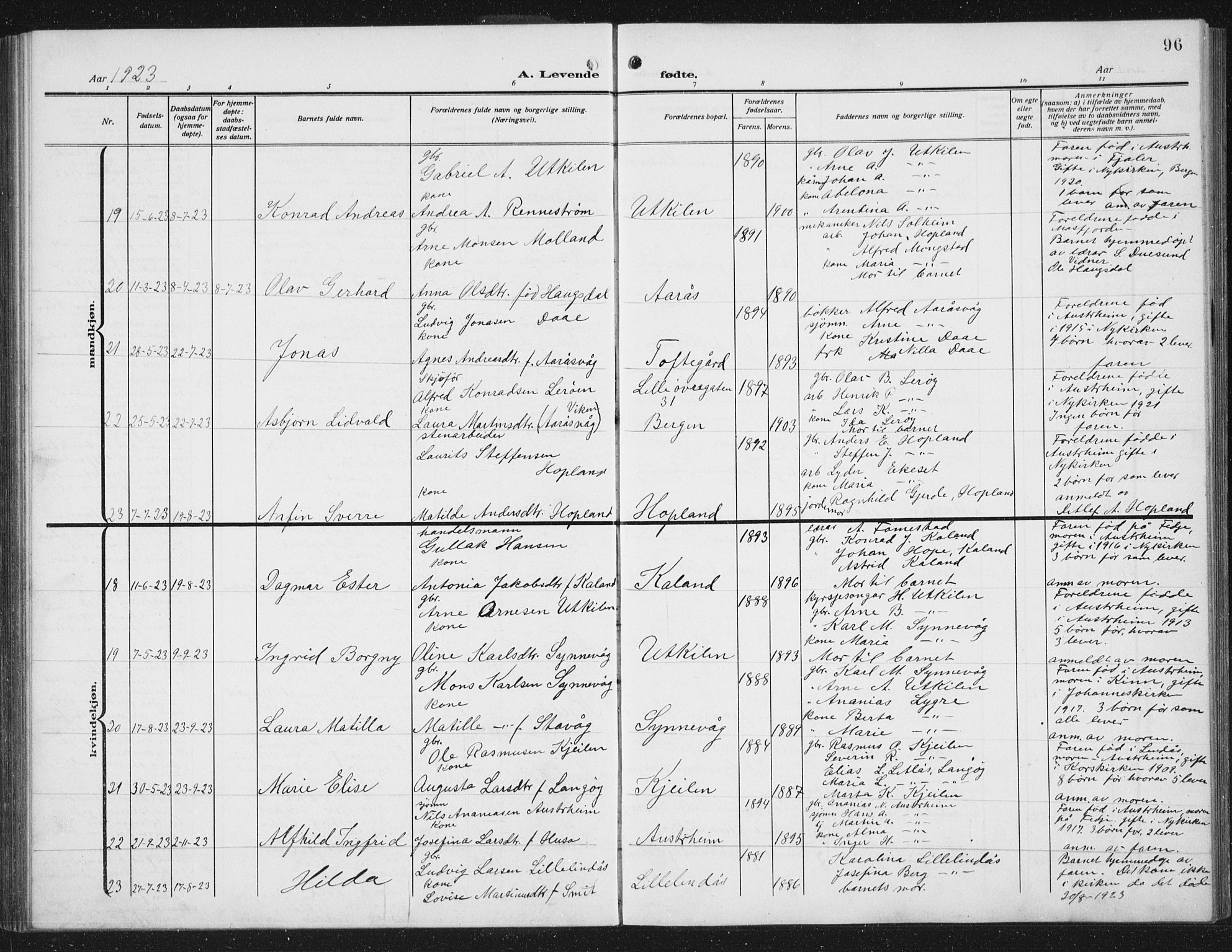 Lindås Sokneprestembete, AV/SAB-A-76701/H/Hab/Habc/L0005: Parish register (copy) no. C 5, 1910-1927, p. 96