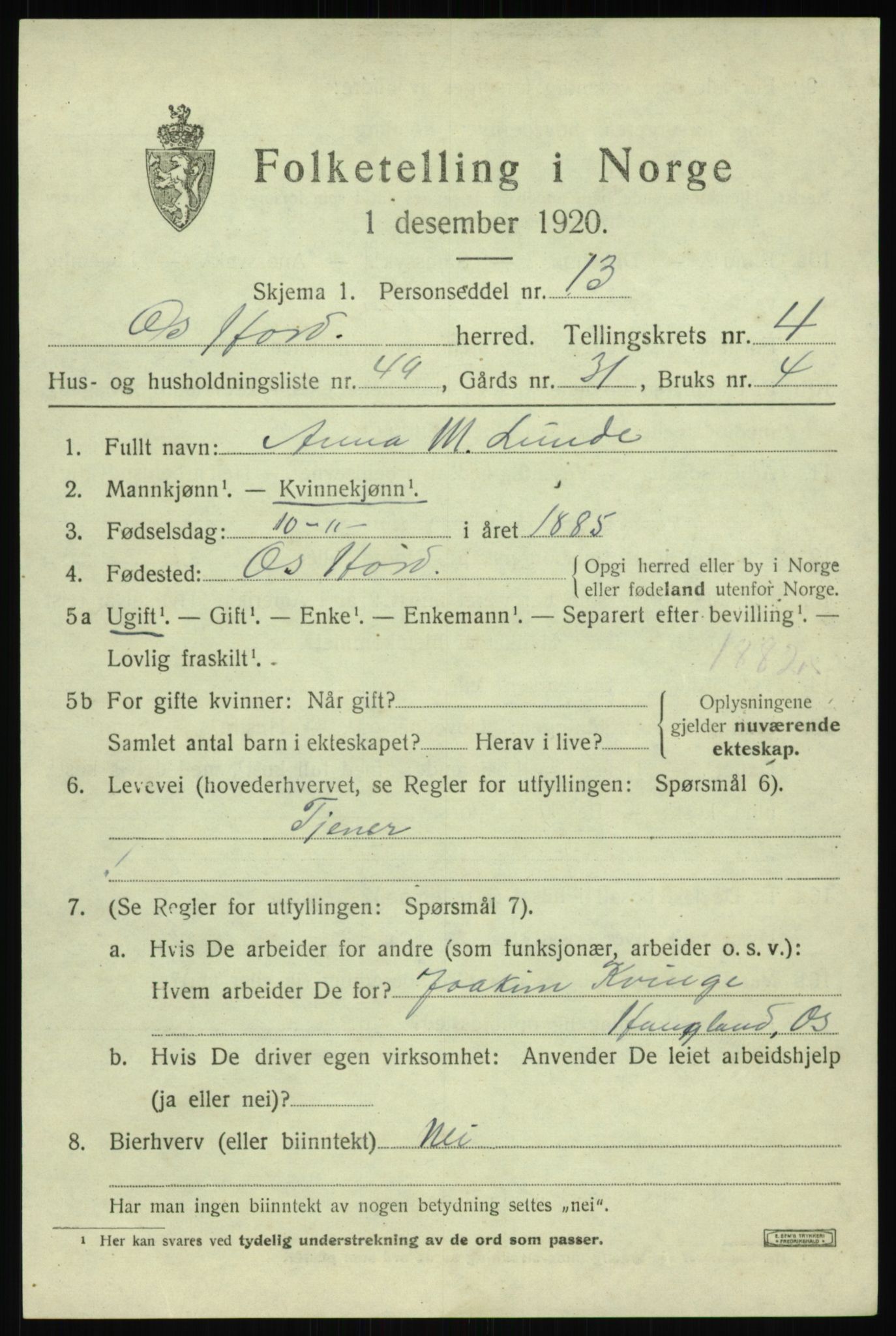 SAB, 1920 census for Os, 1920, p. 3660