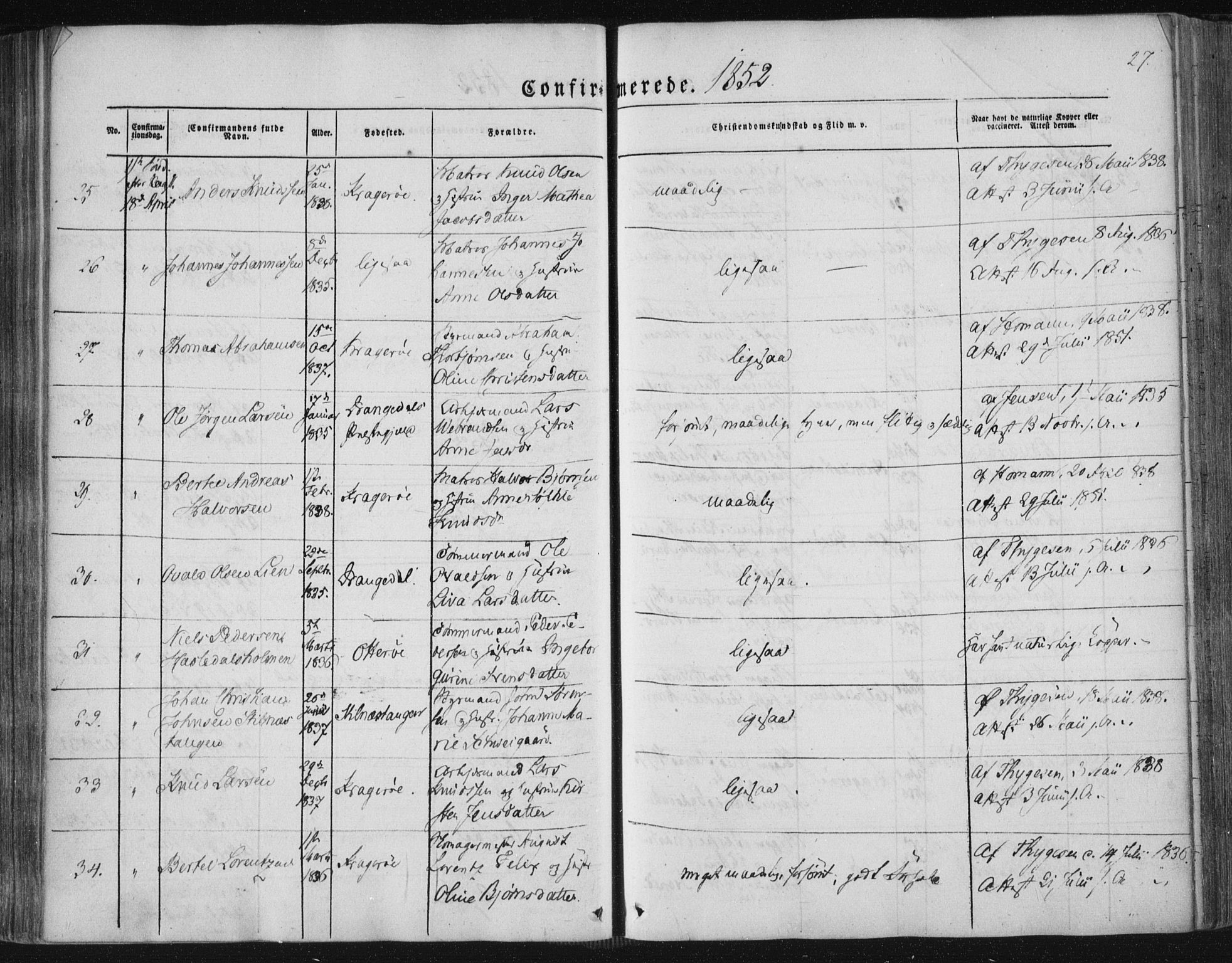 Kragerø kirkebøker, AV/SAKO-A-278/F/Fa/L0006: Parish register (official) no. 6, 1847-1861, p. 27