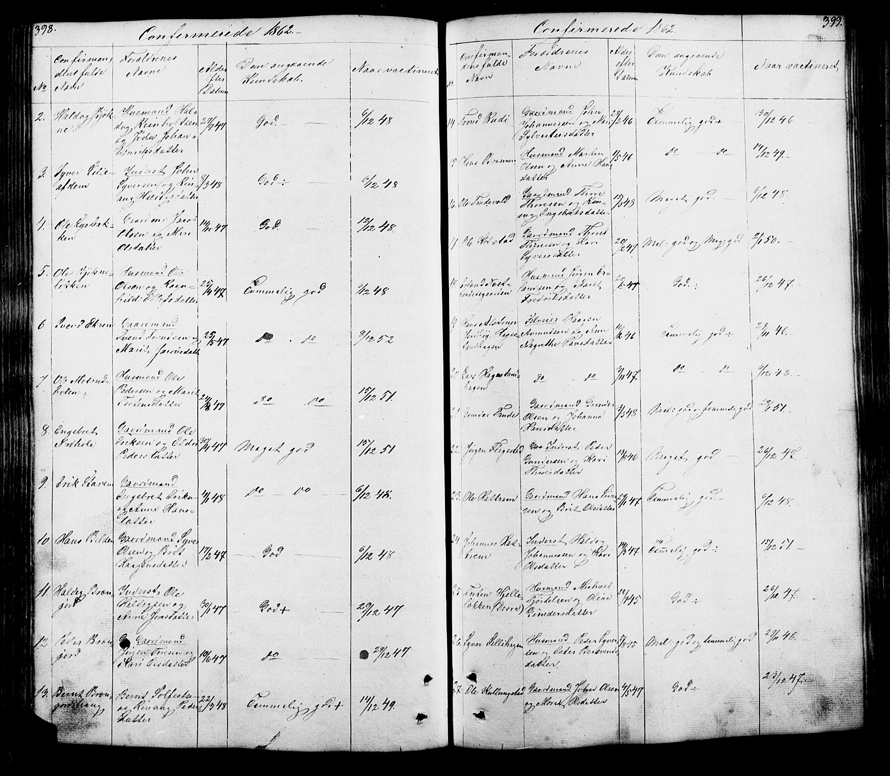 Lesja prestekontor, SAH/PREST-068/H/Ha/Hab/L0005: Parish register (copy) no. 5, 1850-1894, p. 398-399