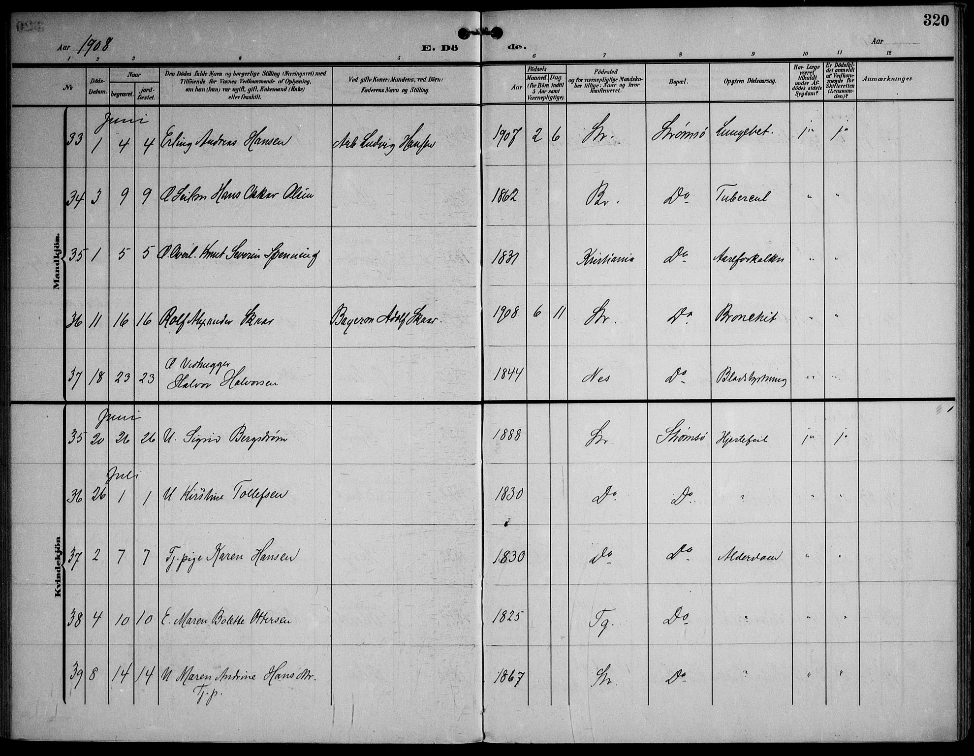 Strømsø kirkebøker, AV/SAKO-A-246/F/Fa/L0026: Parish register (official) no. I 26, 1905-1914, p. 320