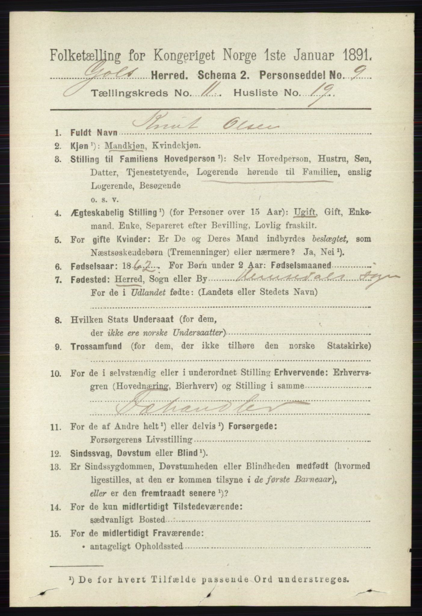 RA, 1891 census for 0617 Gol og Hemsedal, 1891, p. 4466