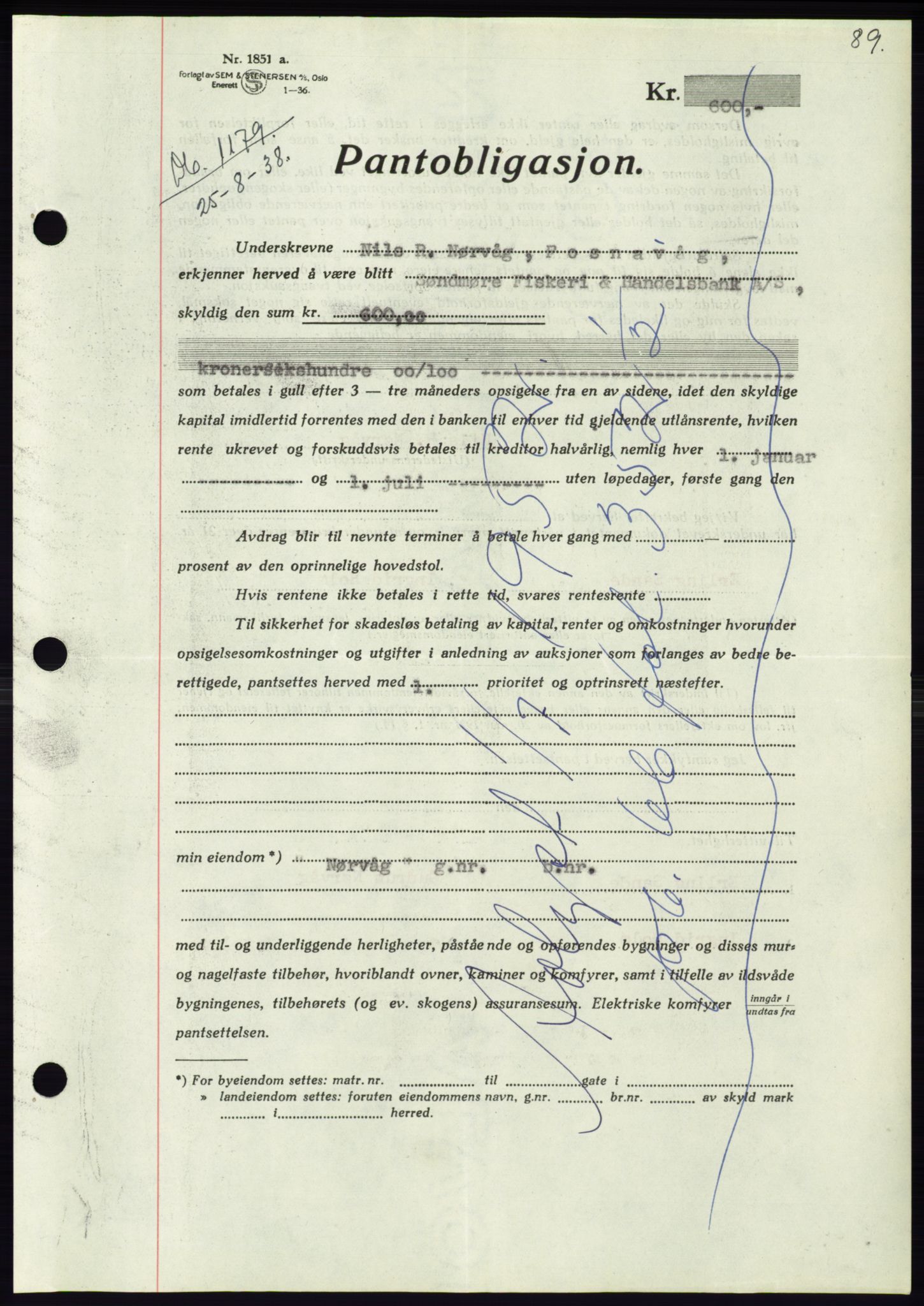 Søre Sunnmøre sorenskriveri, AV/SAT-A-4122/1/2/2C/L0066: Mortgage book no. 60, 1938-1938, Diary no: : 1179/1938