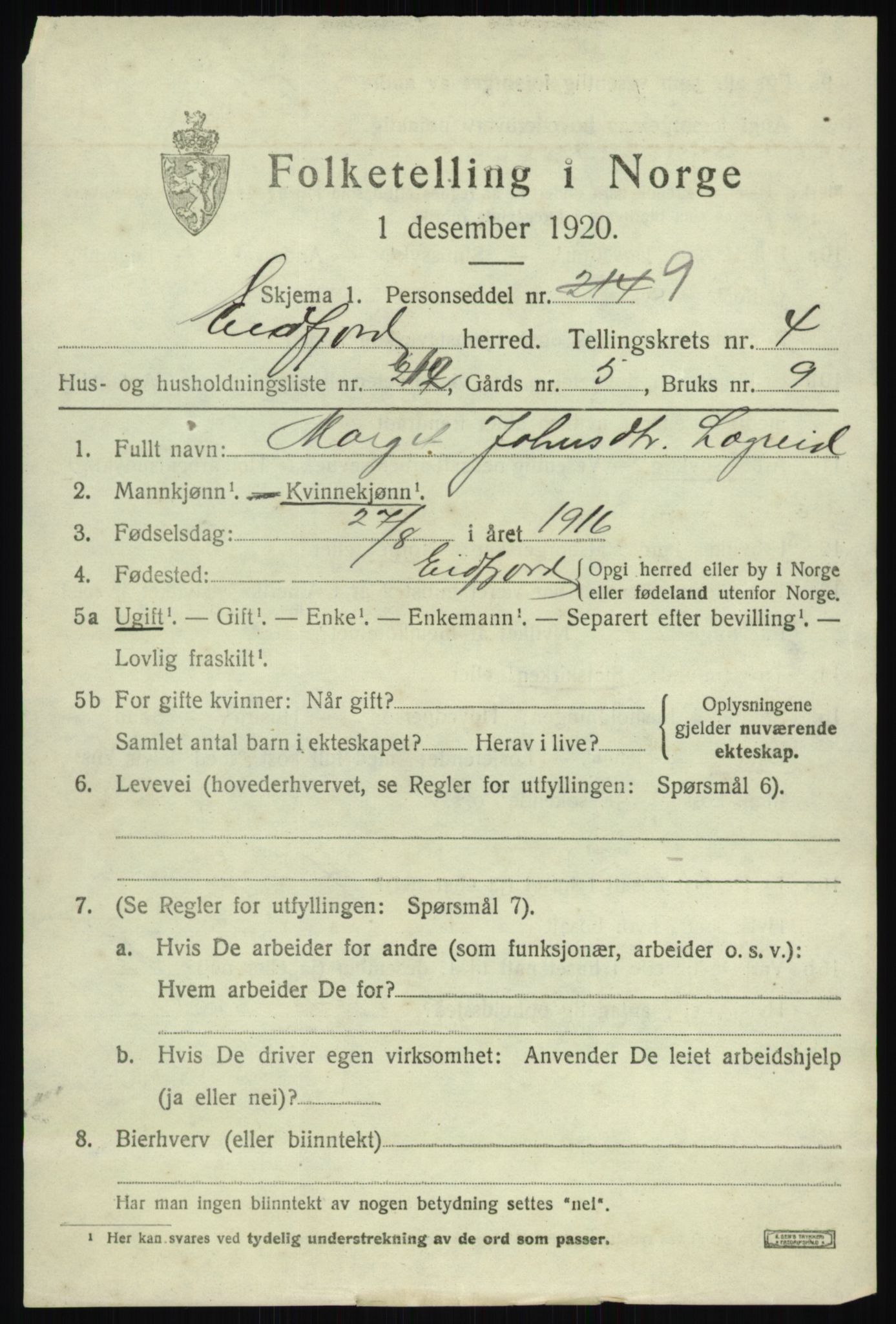 SAB, 1920 census for Eidfjord, 1920, p. 1750