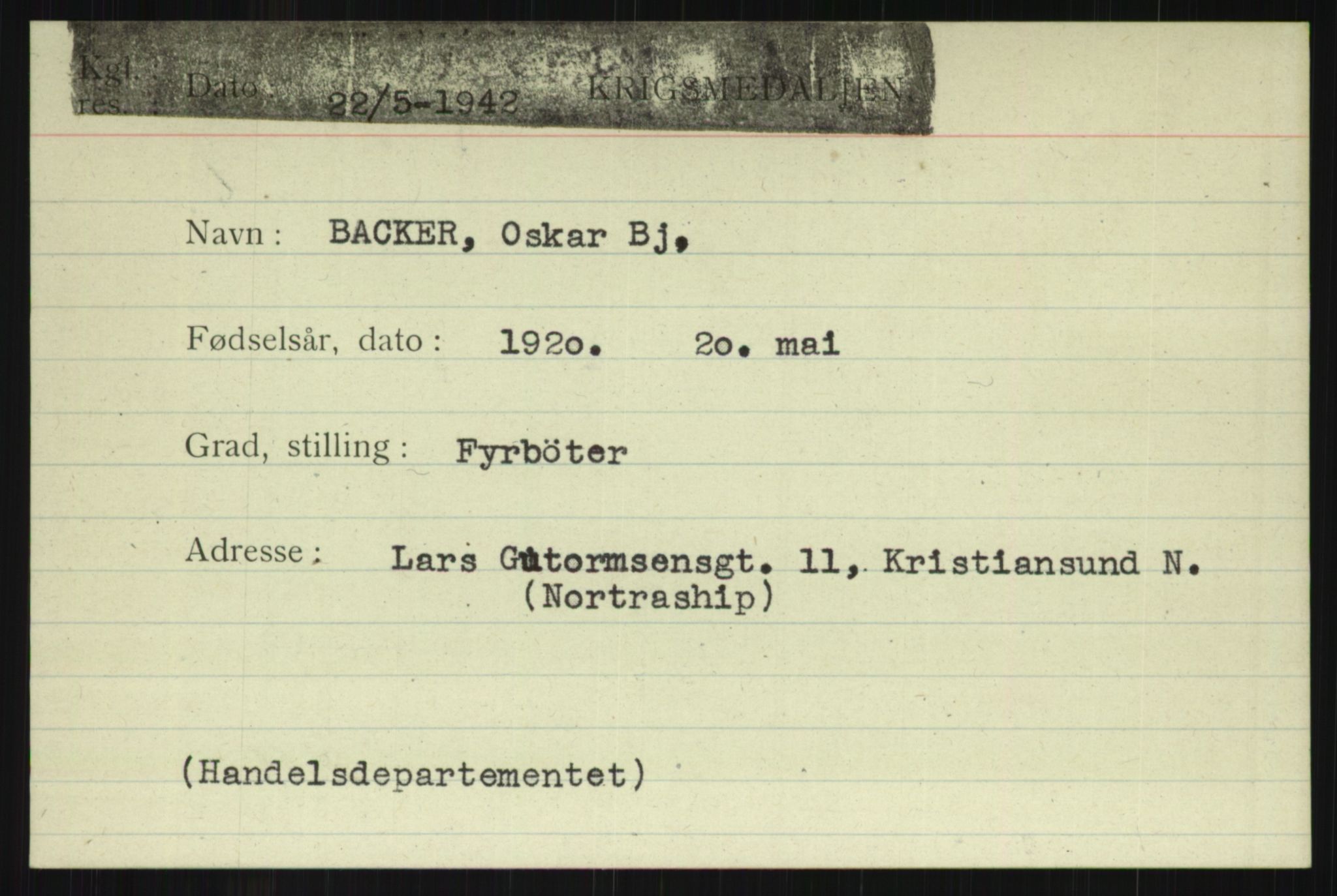 Direktoratet for sjømenn, AV/RA-S-3545/G/Gi/L0004: Kartotek over krigsdekorasjoner tildelt nordmenn under krigen, 1940-1945, p. 739