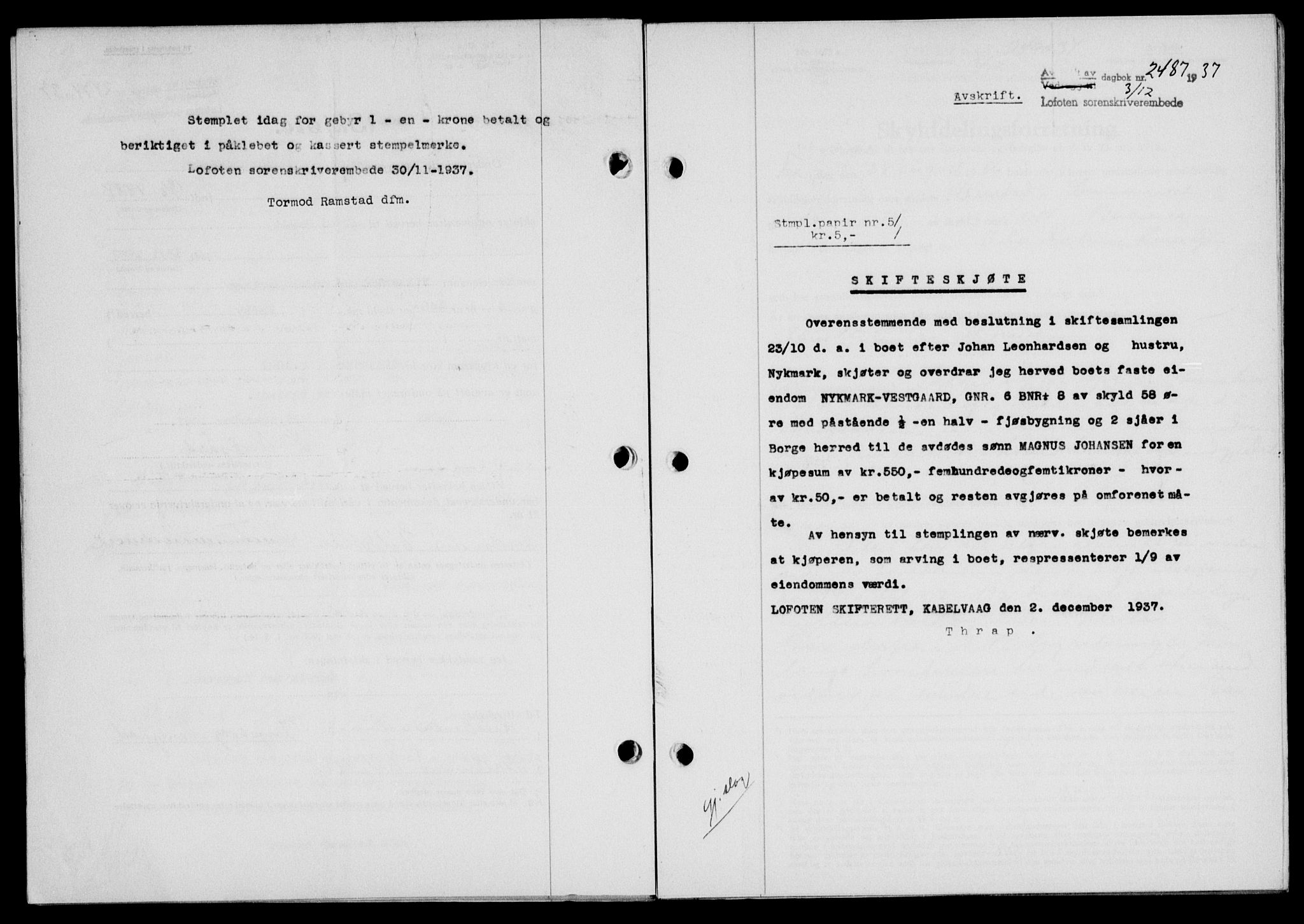 Lofoten sorenskriveri, SAT/A-0017/1/2/2C/L0003a: Mortgage book no. 3a, 1937-1938, Diary no: : 2487/1937