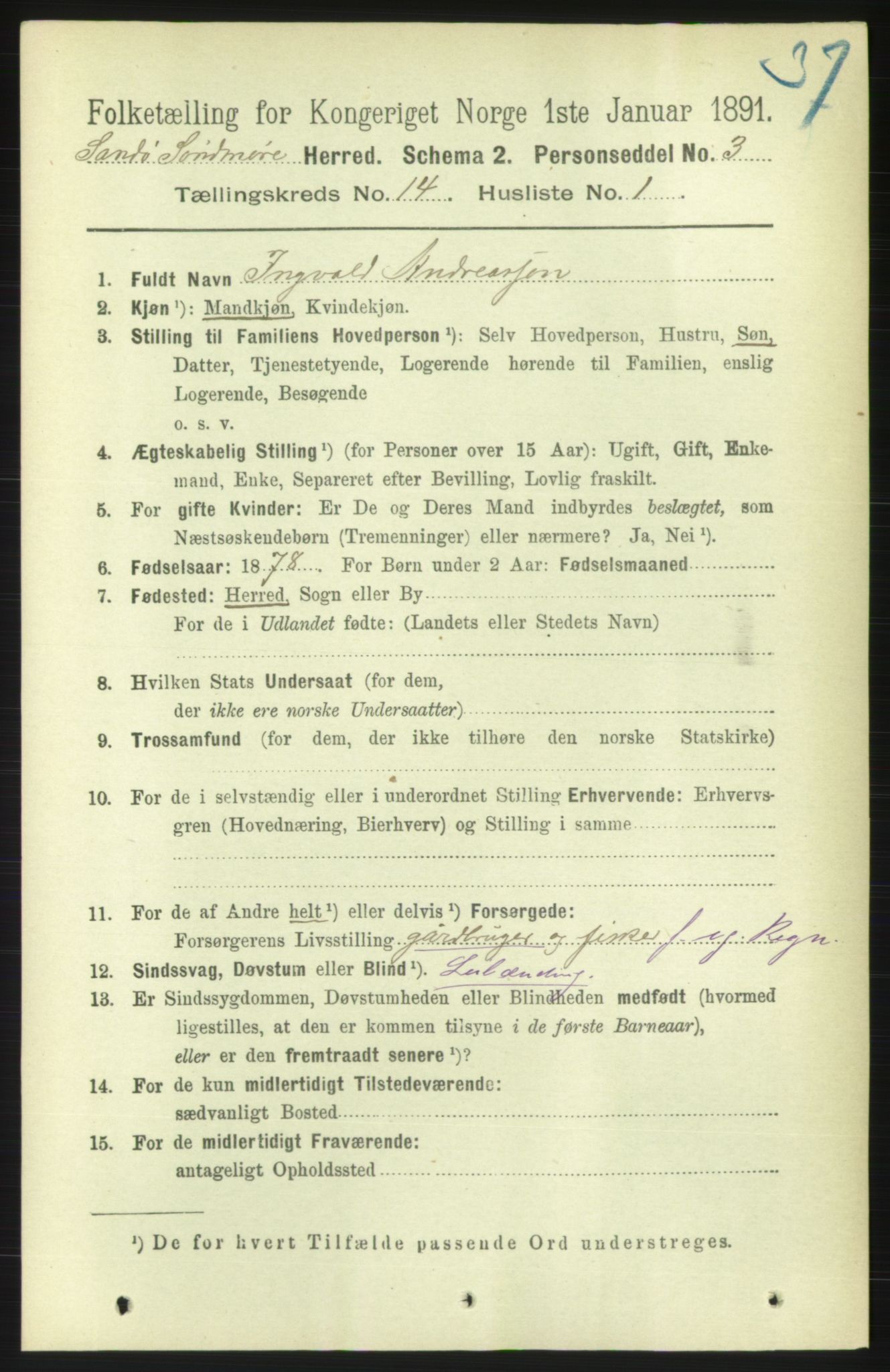 RA, 1891 census for 1514 Sande, 1891, p. 2861