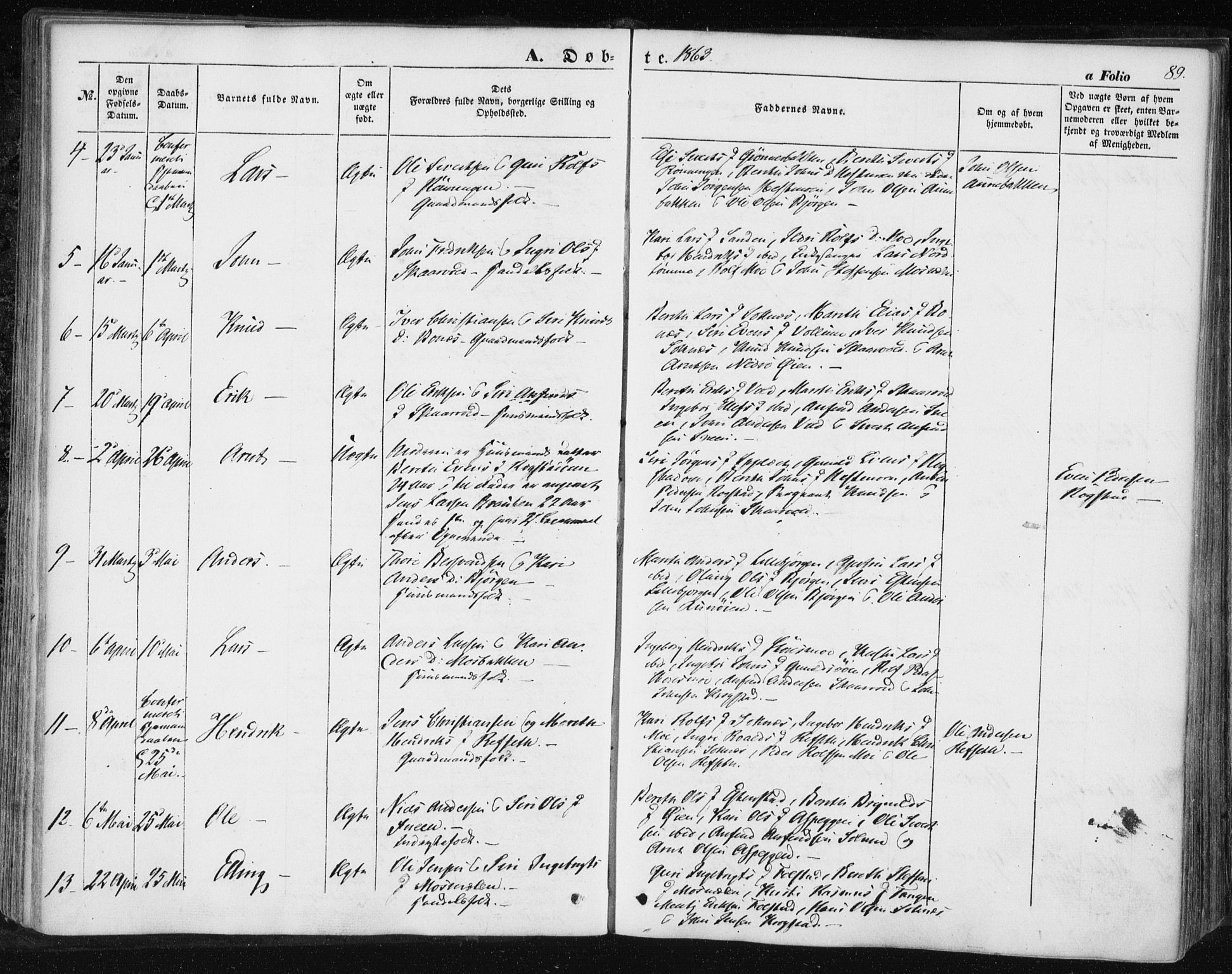 Ministerialprotokoller, klokkerbøker og fødselsregistre - Sør-Trøndelag, AV/SAT-A-1456/687/L1000: Parish register (official) no. 687A06, 1848-1869, p. 89