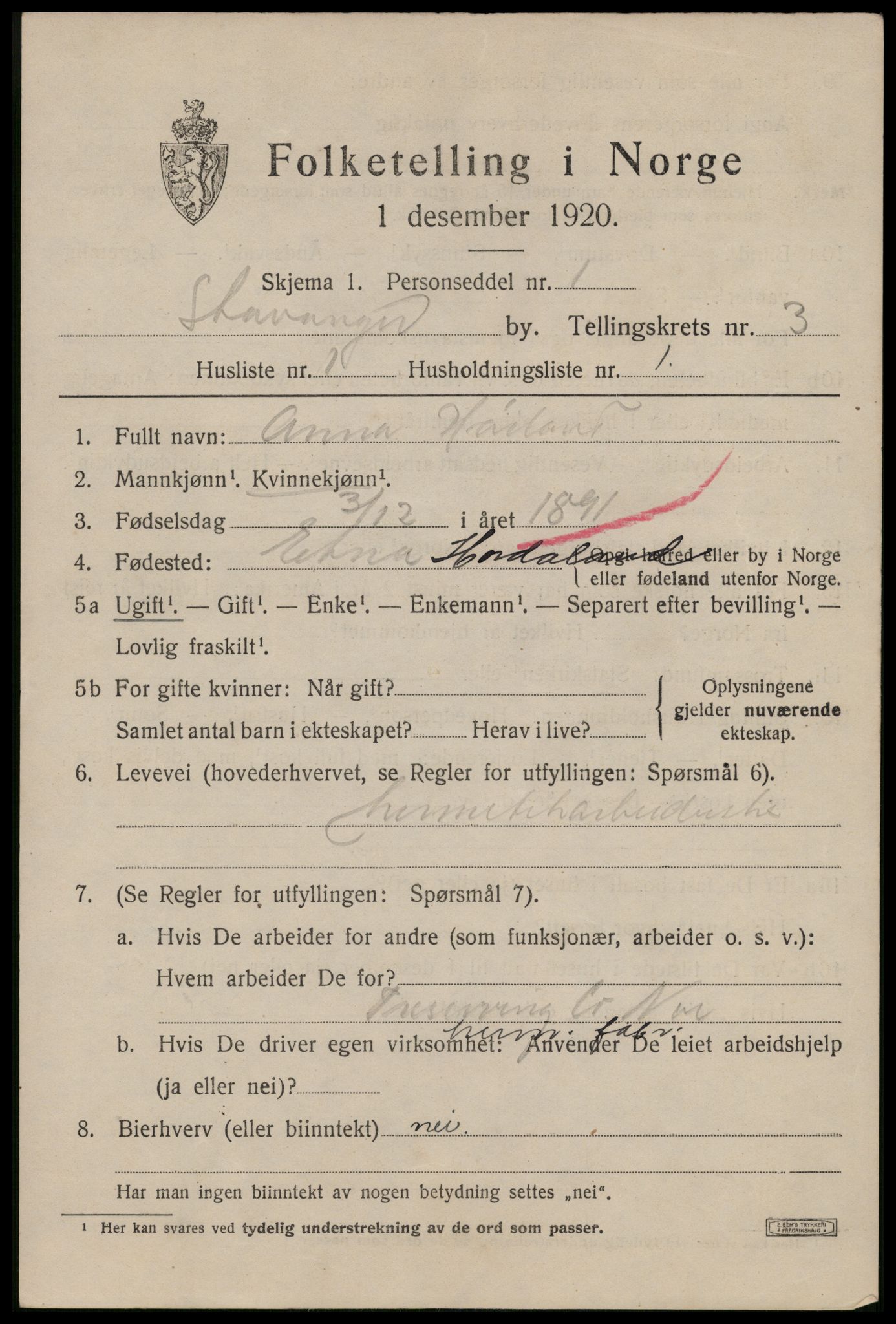 SAST, 1920 census for Stavanger, 1920, p. 35466