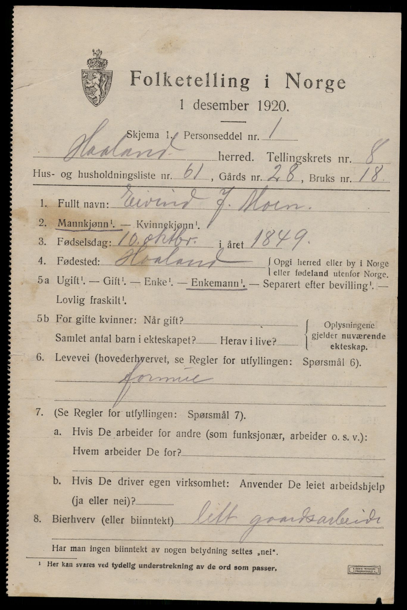 SAST, 1920 census for Håland, 1920, p. 7019