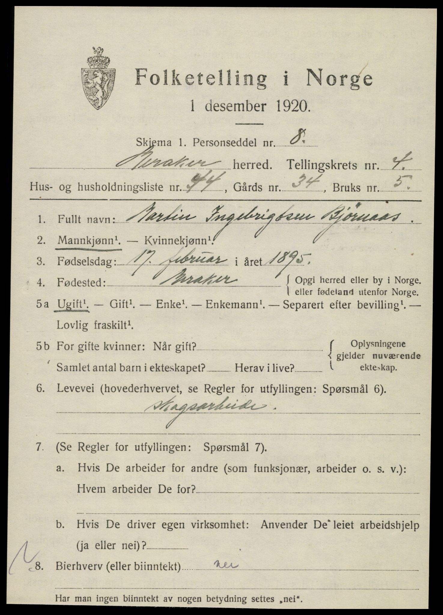 SAT, 1920 census for Meråker, 1920, p. 4026