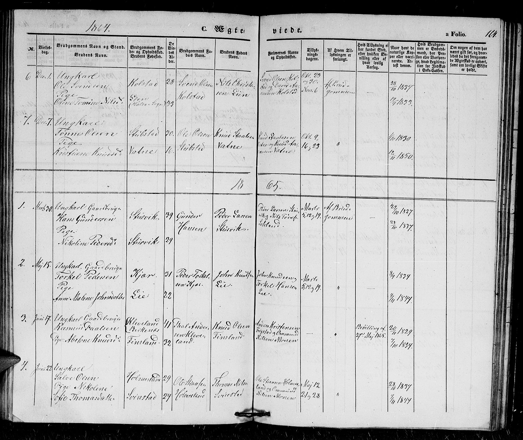 Holum sokneprestkontor, SAK/1111-0022/F/Fb/Fba/L0003: Parish register (copy) no. B 3, 1850-1866, p. 164