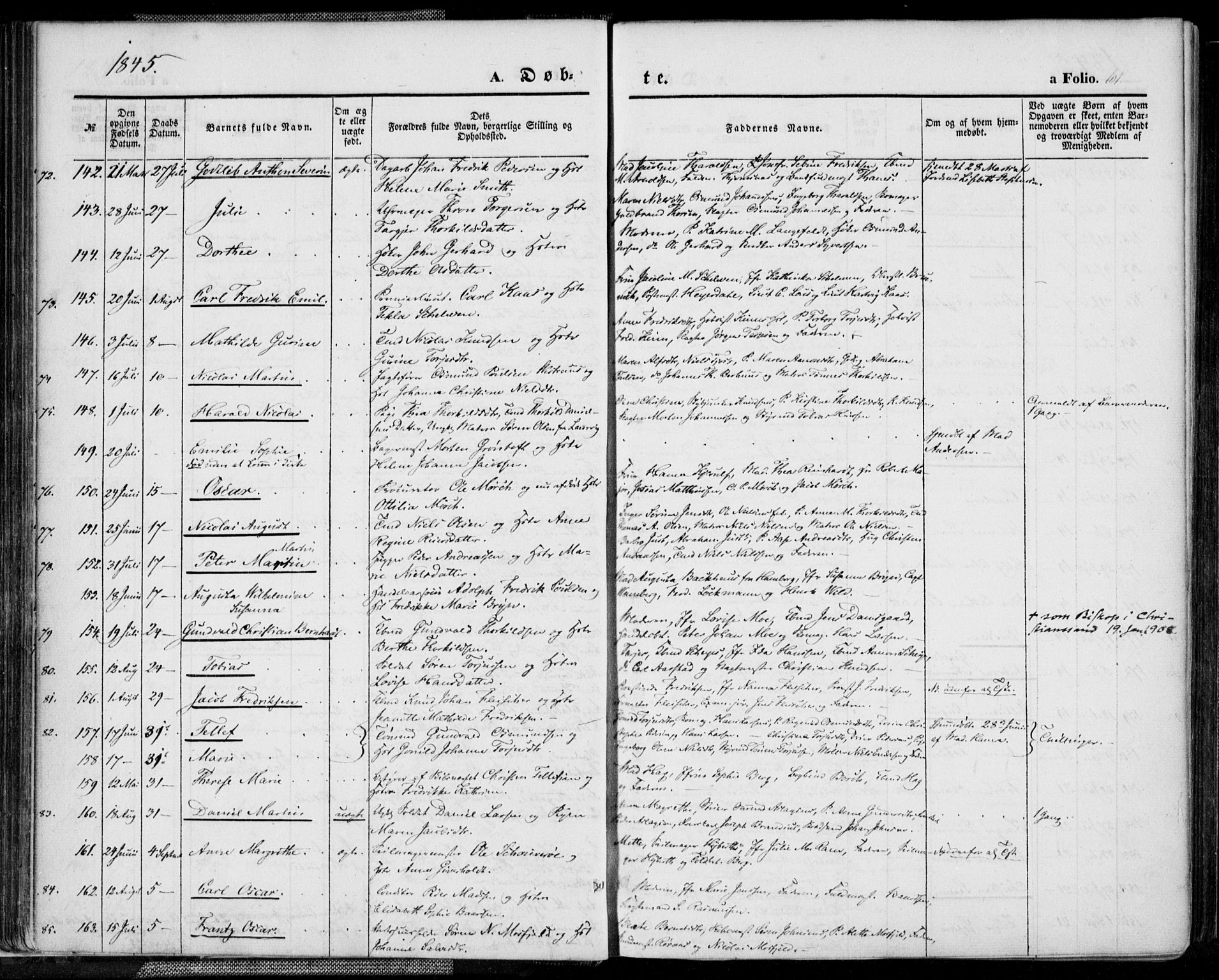 Kristiansand domprosti, SAK/1112-0006/F/Fa/L0013: Parish register (official) no. A 13, 1842-1851, p. 61