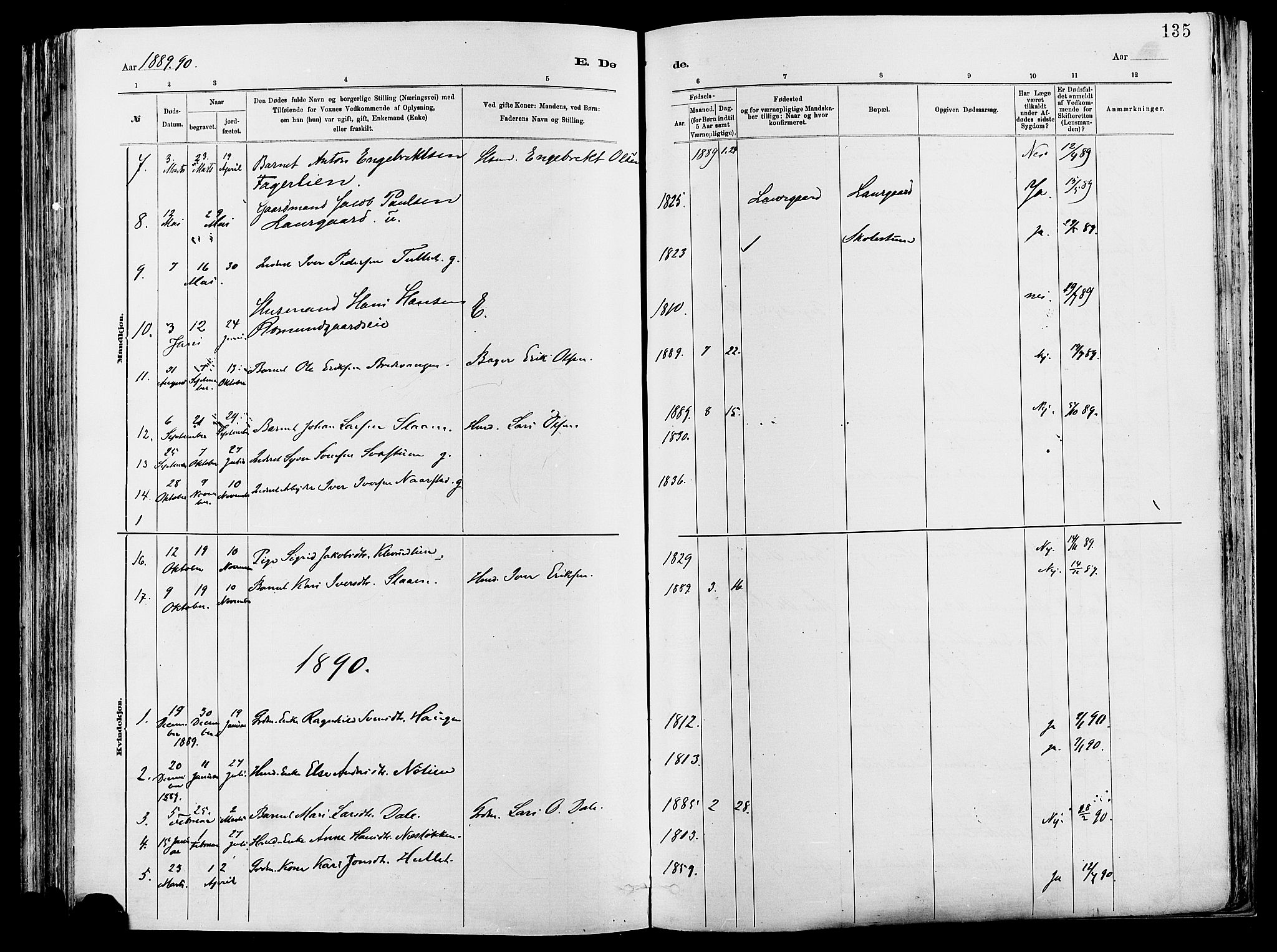 Vågå prestekontor, SAH/PREST-076/H/Ha/Haa/L0008: Parish register (official) no. 8, 1886-1904, p. 135