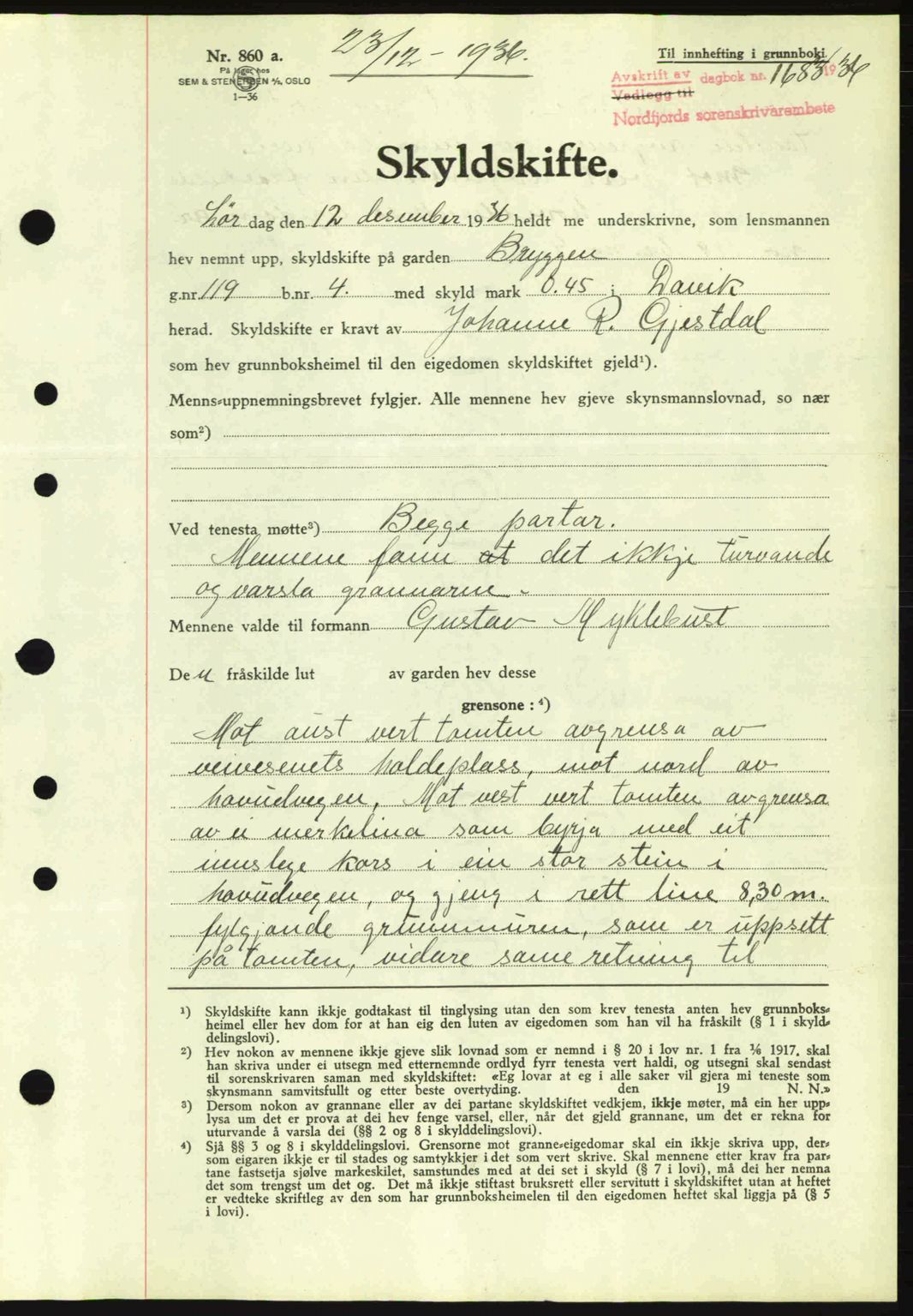 Nordfjord sorenskriveri, AV/SAB-A-2801/02/02b/02bj/L0001: Mortgage book no. A1, 1936-1937, Diary no: : 1683/1936