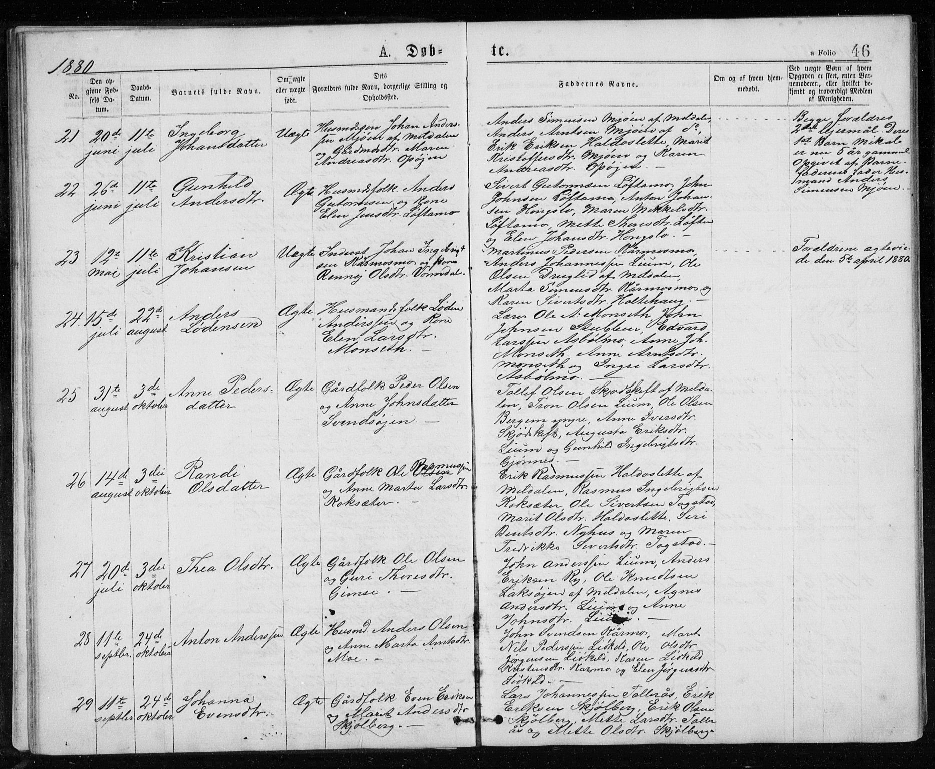 Ministerialprotokoller, klokkerbøker og fødselsregistre - Sør-Trøndelag, SAT/A-1456/671/L0843: Parish register (copy) no. 671C02, 1873-1892, p. 46