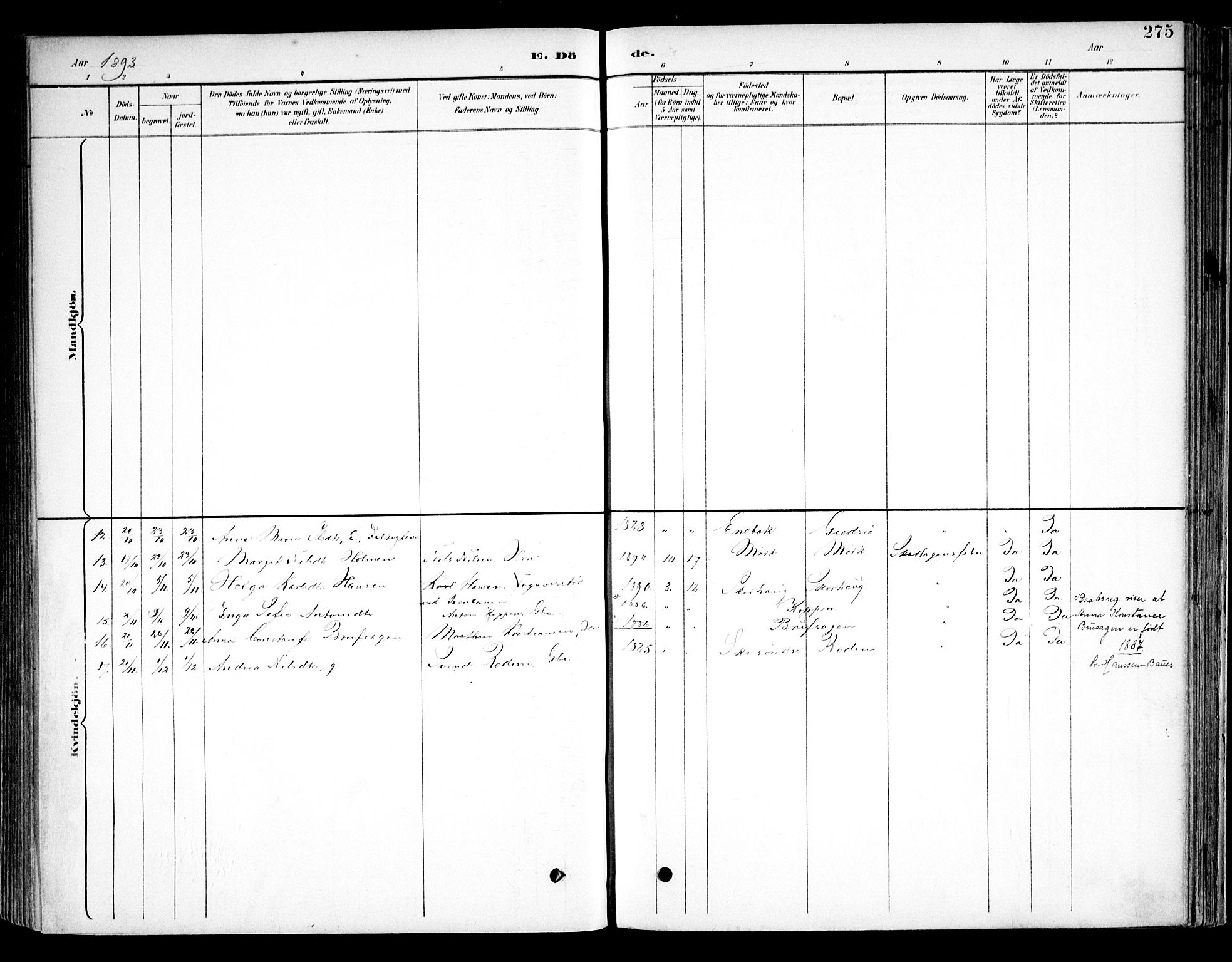 Kråkstad prestekontor Kirkebøker, SAO/A-10125a/F/Fb/L0002: Parish register (official) no. II 2, 1893-1917, p. 275