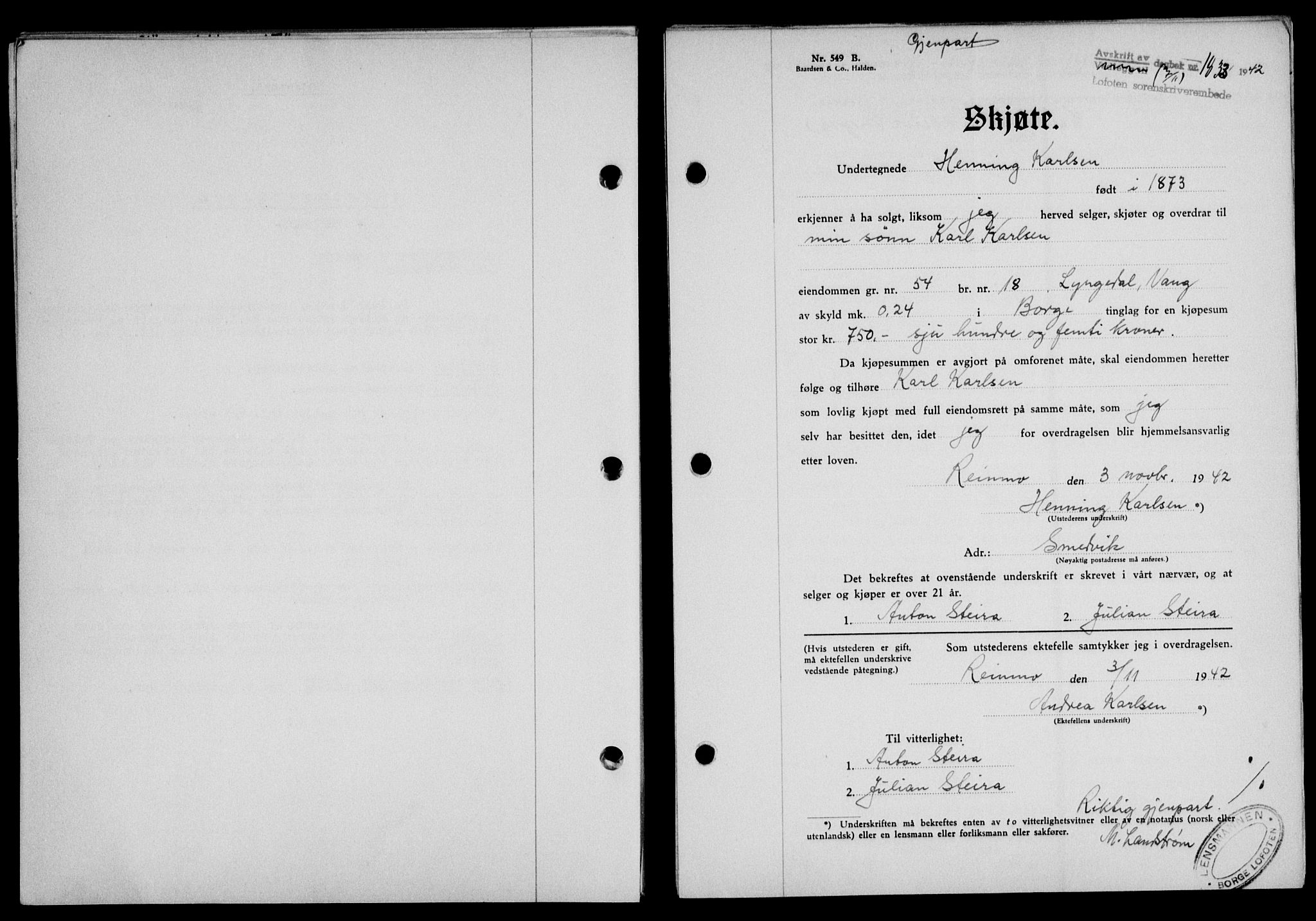 Lofoten sorenskriveri, SAT/A-0017/1/2/2C/L0010a: Mortgage book no. 10a, 1942-1943, Diary no: : 1833/1942