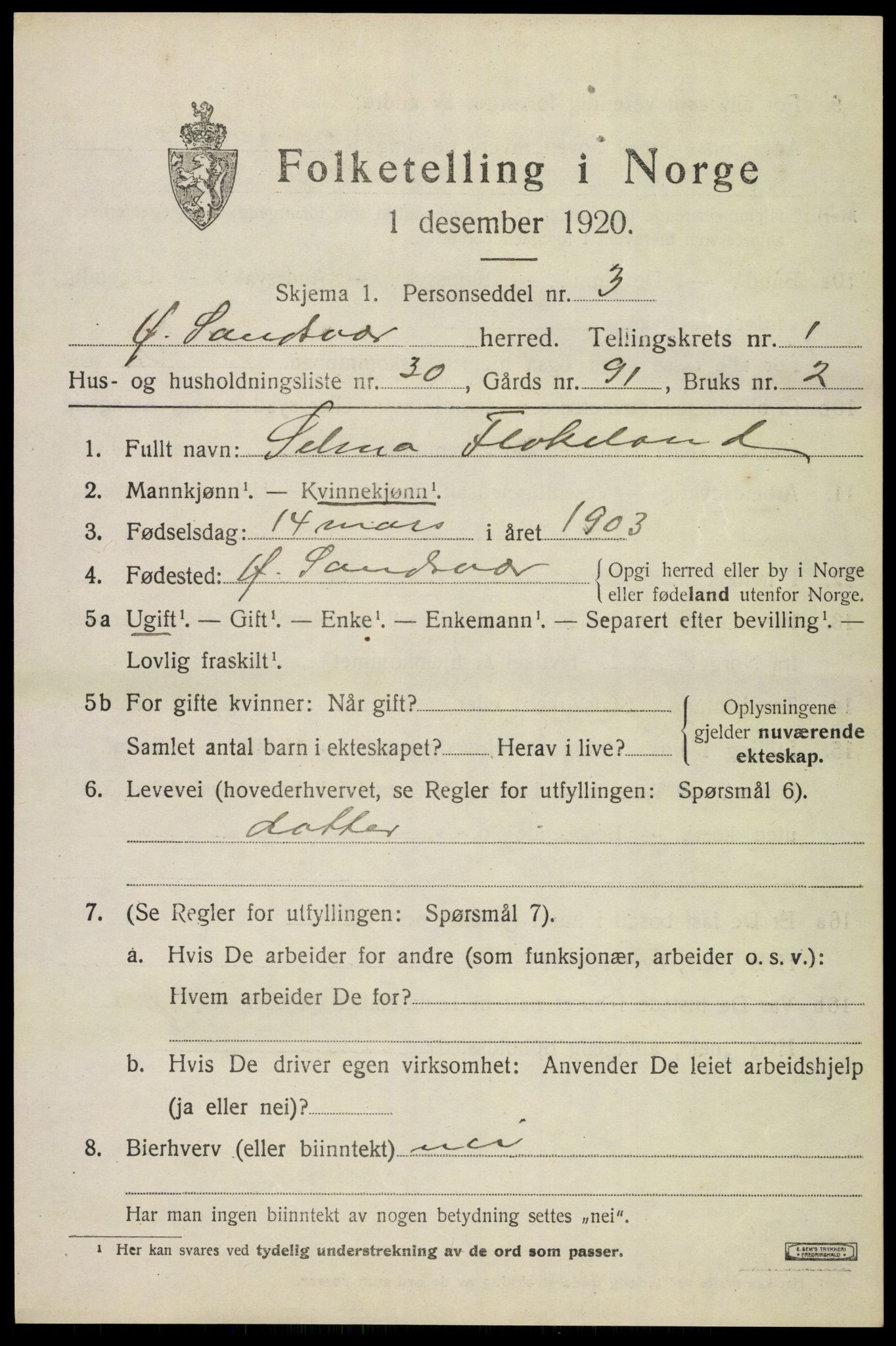 SAKO, 1920 census for Øvre Sandsvær, 1920, p. 1294