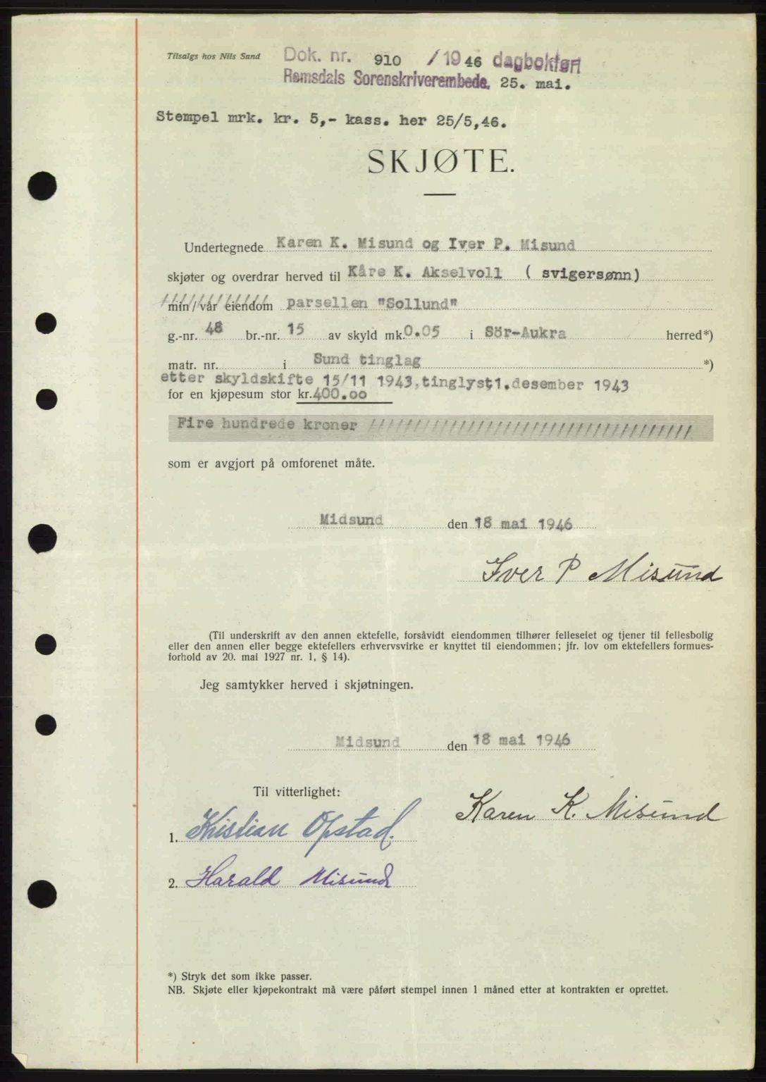 Romsdal sorenskriveri, SAT/A-4149/1/2/2C: Mortgage book no. A19, 1946-1946, Diary no: : 910/1946