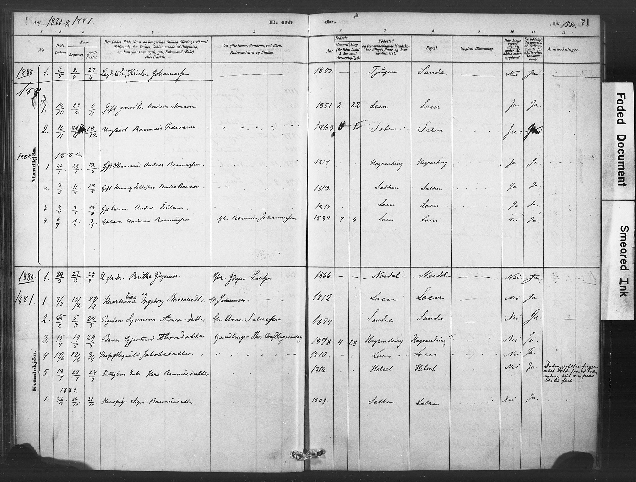 Stryn Sokneprestembete, SAB/A-82501: Parish register (official) no. C 1, 1878-1907, p. 71