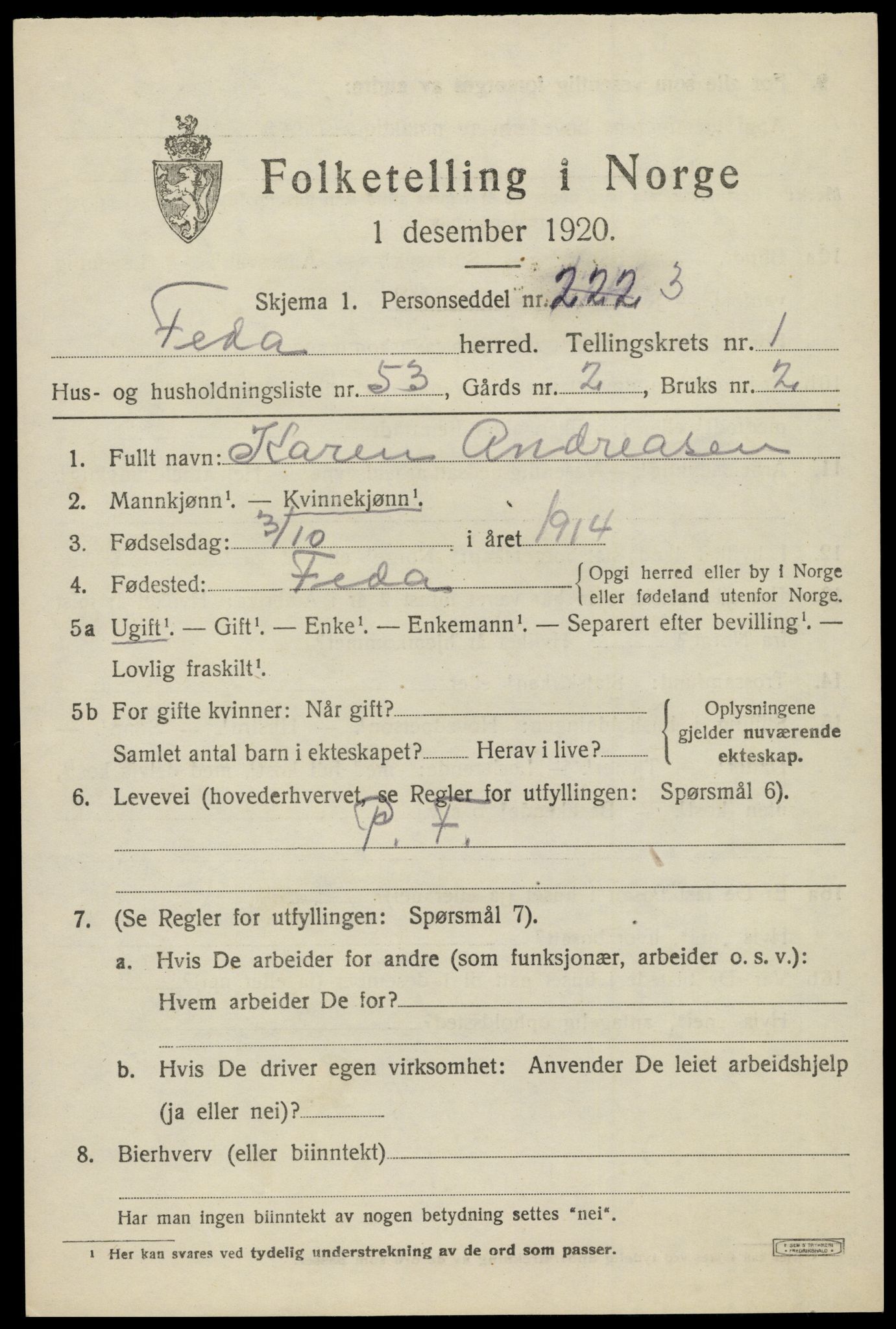 SAK, 1920 census for Feda, 1920, p. 899