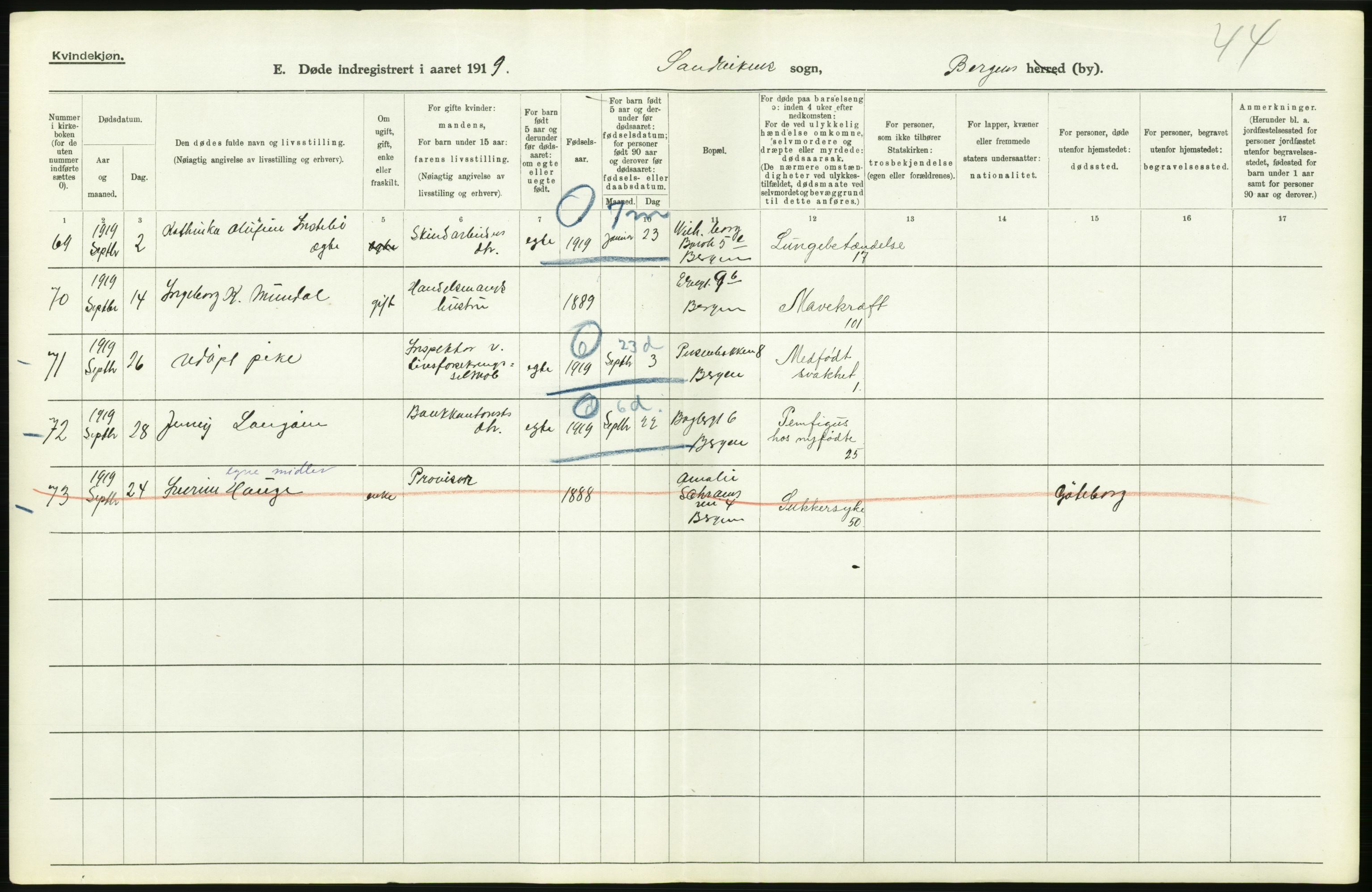 Statistisk sentralbyrå, Sosiodemografiske emner, Befolkning, AV/RA-S-2228/D/Df/Dfb/Dfbi/L0035: Bergen: Gifte, døde, dødfødte., 1919, p. 496