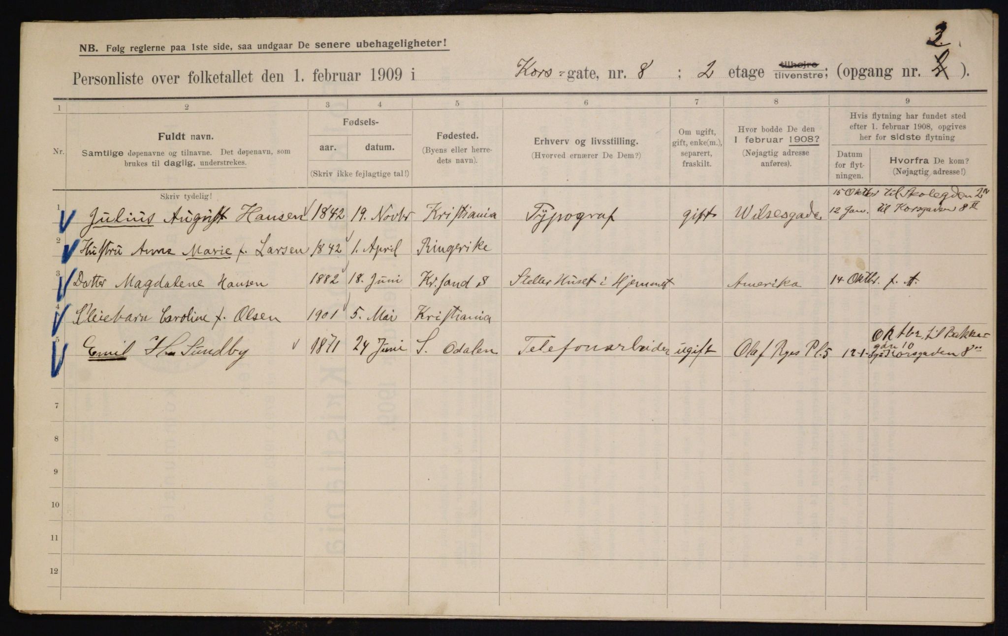 OBA, Municipal Census 1909 for Kristiania, 1909, p. 49053