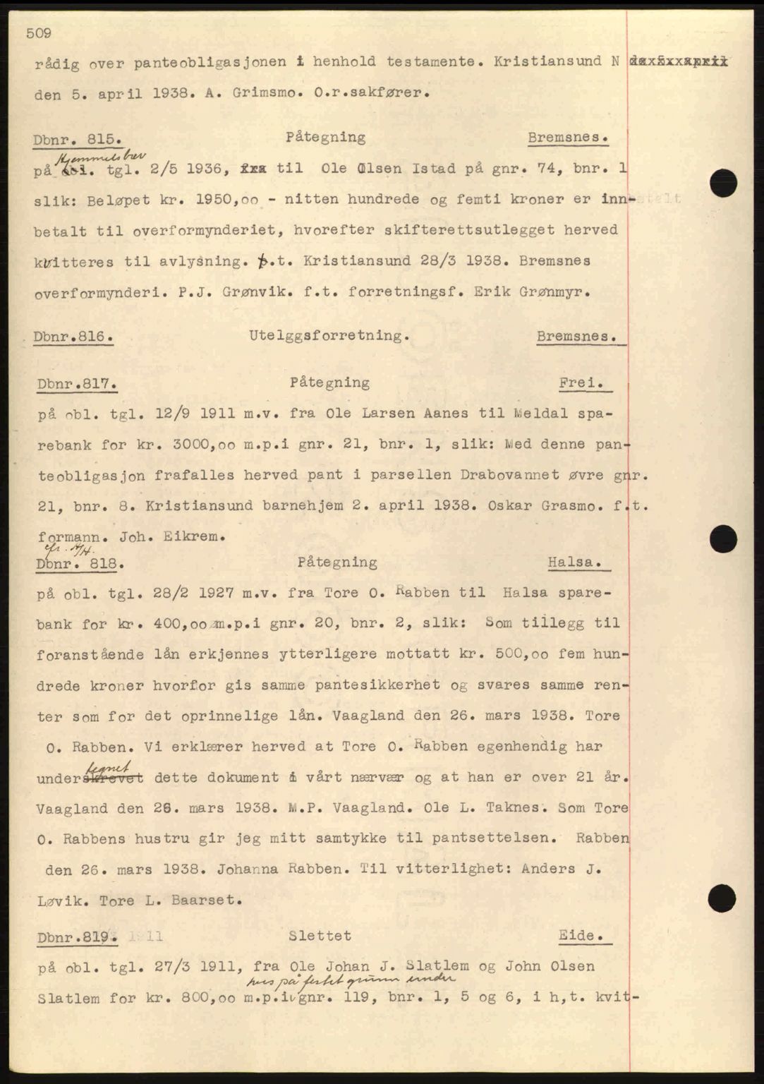 Nordmøre sorenskriveri, AV/SAT-A-4132/1/2/2Ca: Mortgage book no. C80, 1936-1939, Diary no: : 815/1938