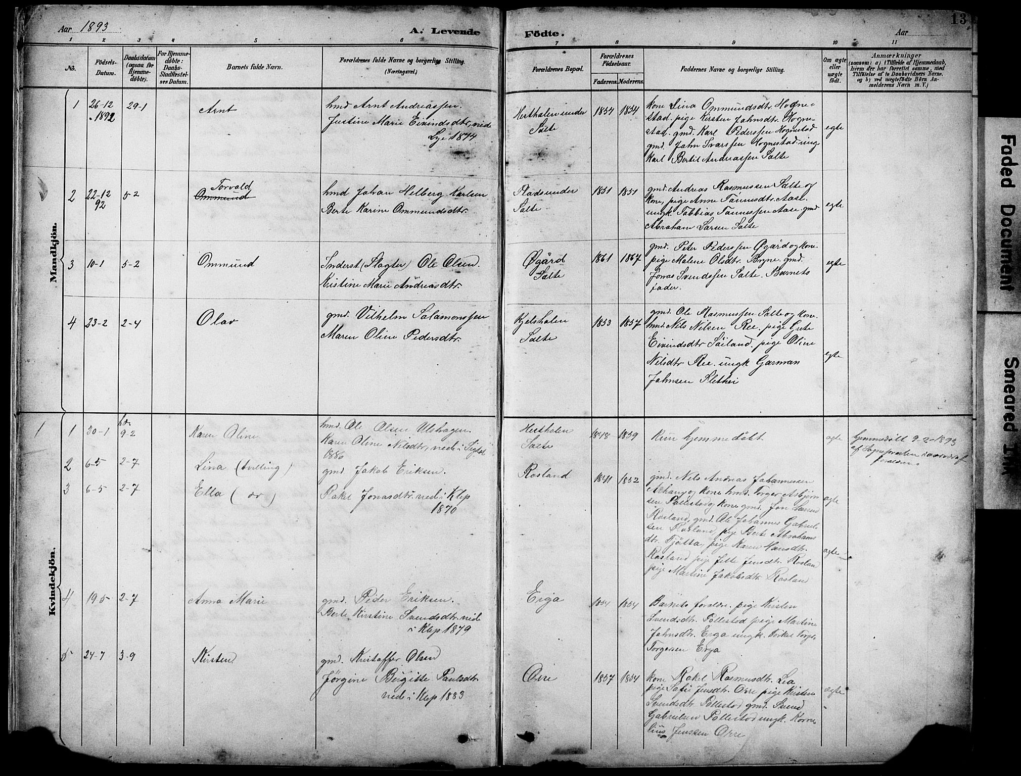 Klepp sokneprestkontor, SAST/A-101803/001/3/30BB/L0005: Parish register (copy) no. B 5, 1889-1918, p. 13
