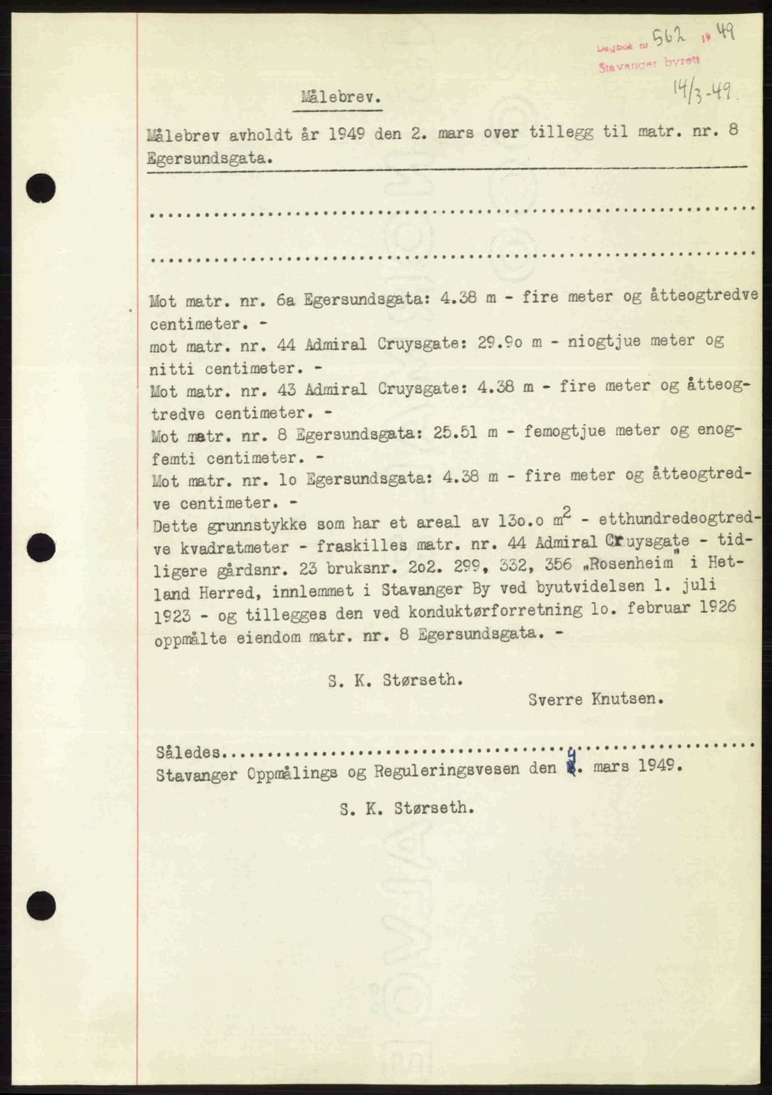 Stavanger byrett, SAST/A-100455/002/G/Gb/L0023: Mortgage book no. A12, 1948-1949, Diary no: : 562/1949