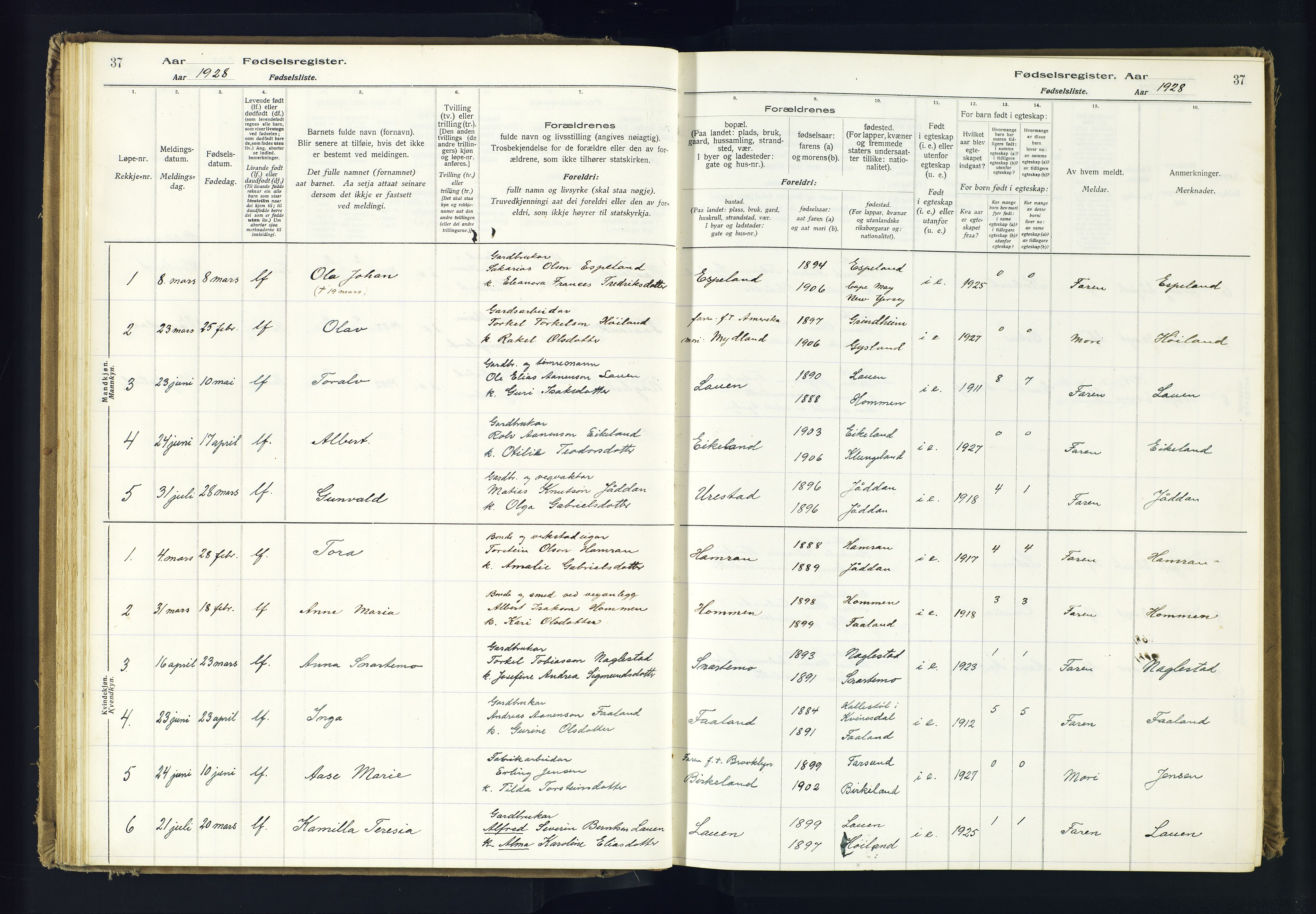 Hægebostad sokneprestkontor, AV/SAK-1111-0024/J/Ja/L0001: Birth register no. II.6.7, 1916-1982, p. 37