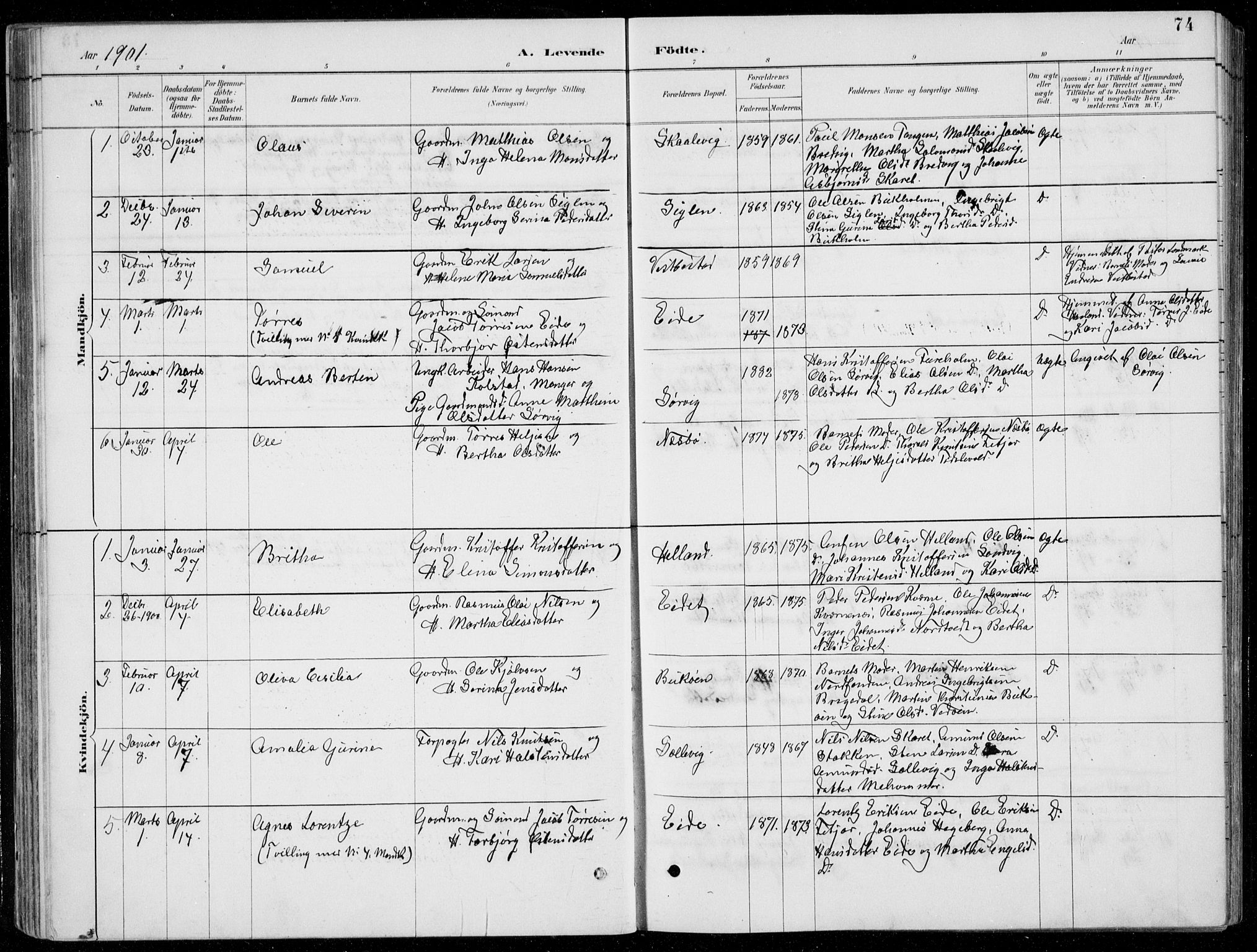 Fitjar sokneprestembete, AV/SAB-A-99926: Parish register (copy) no. A 2, 1887-1906, p. 74