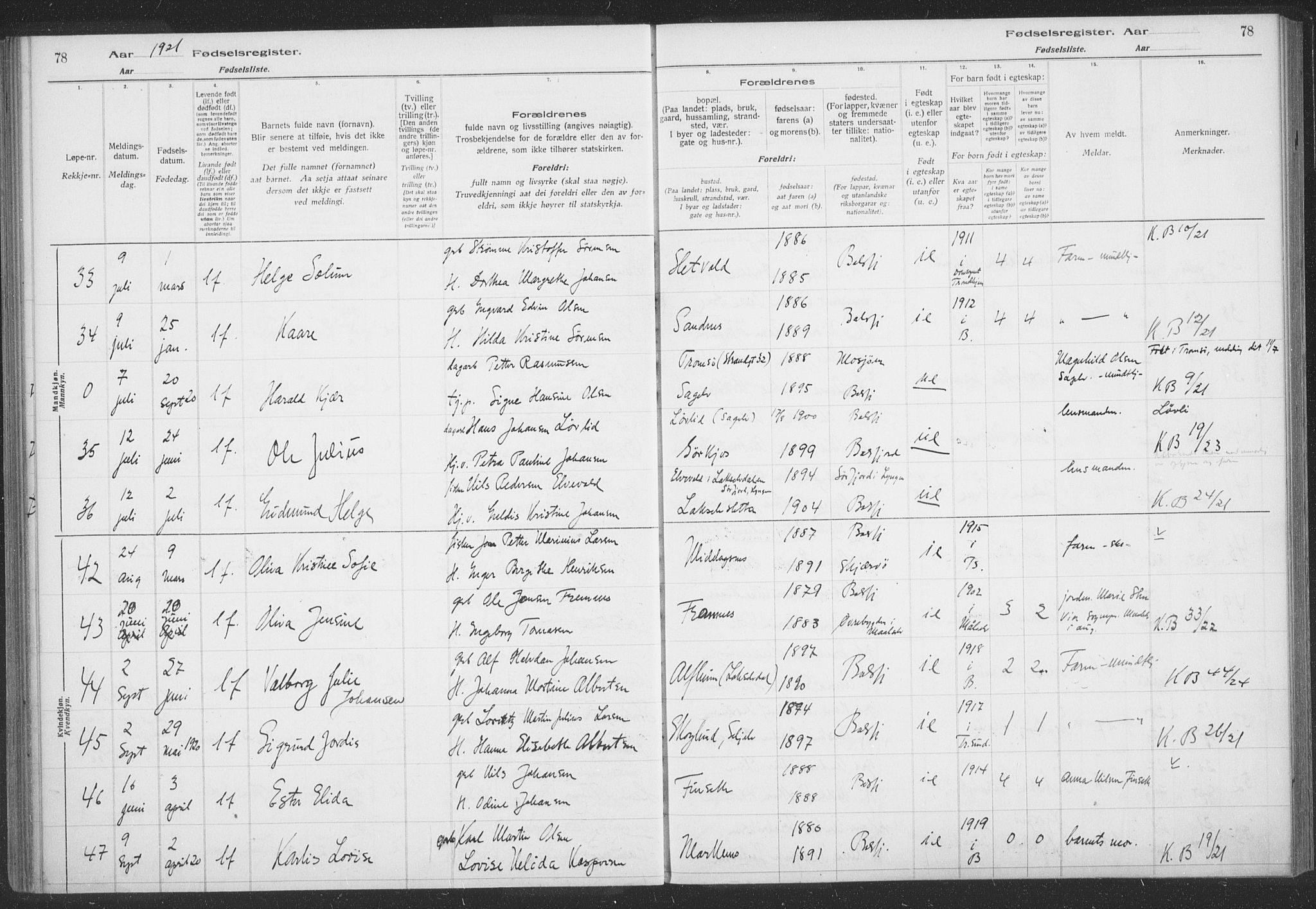 Balsfjord sokneprestembete, AV/SATØ-S-1303/H/Hb/L0059: Birth register no. 59, 1916-1930, p. 78