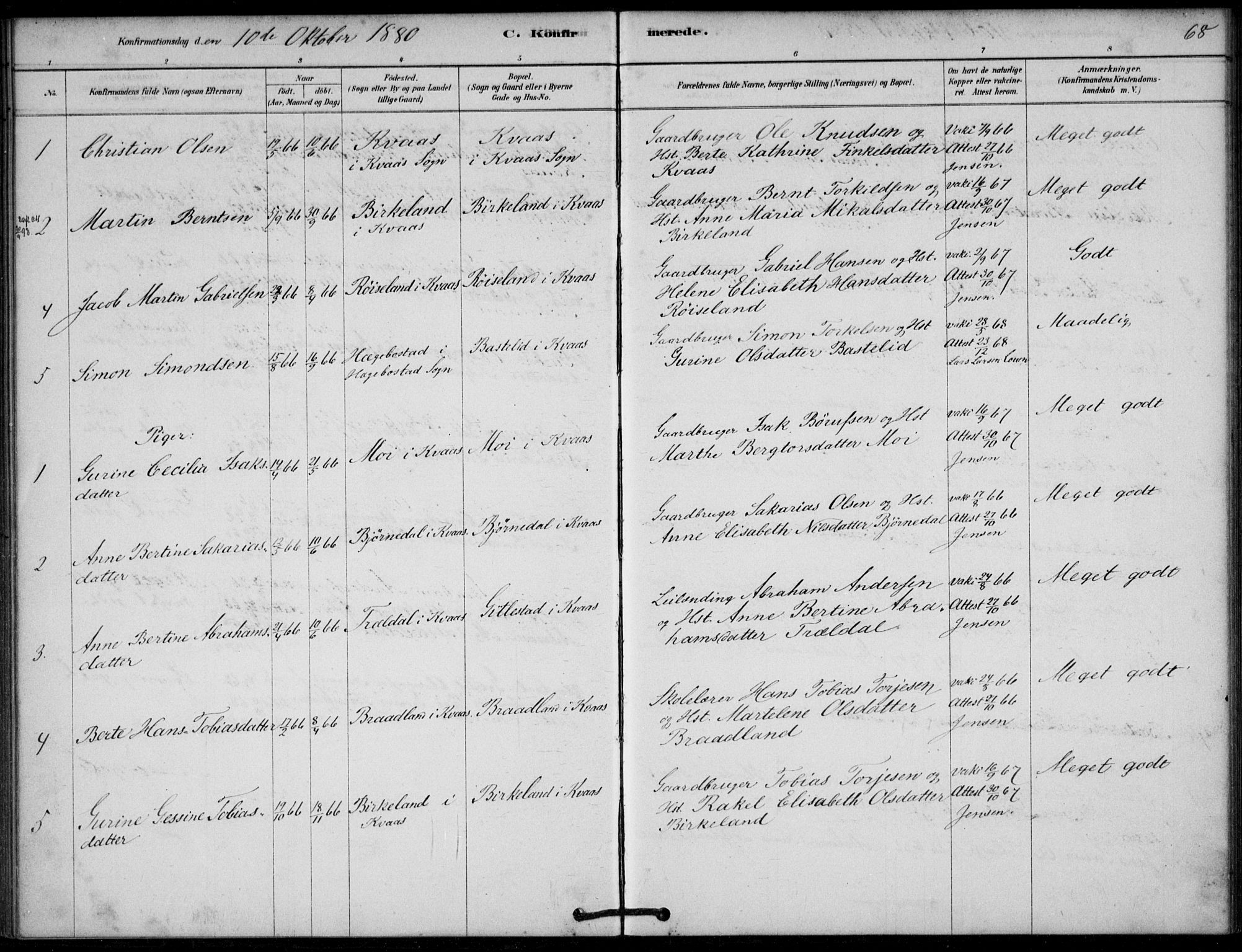 Lyngdal sokneprestkontor, SAK/1111-0029/F/Fa/Fab/L0003: Parish register (official) no. A 3, 1878-1903, p. 68