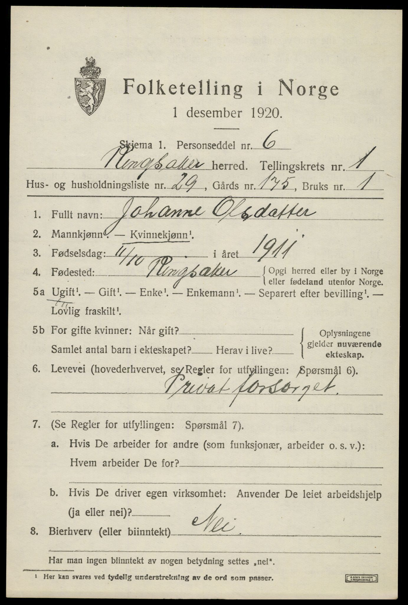 SAH, 1920 census for Ringsaker, 1920, p. 4680