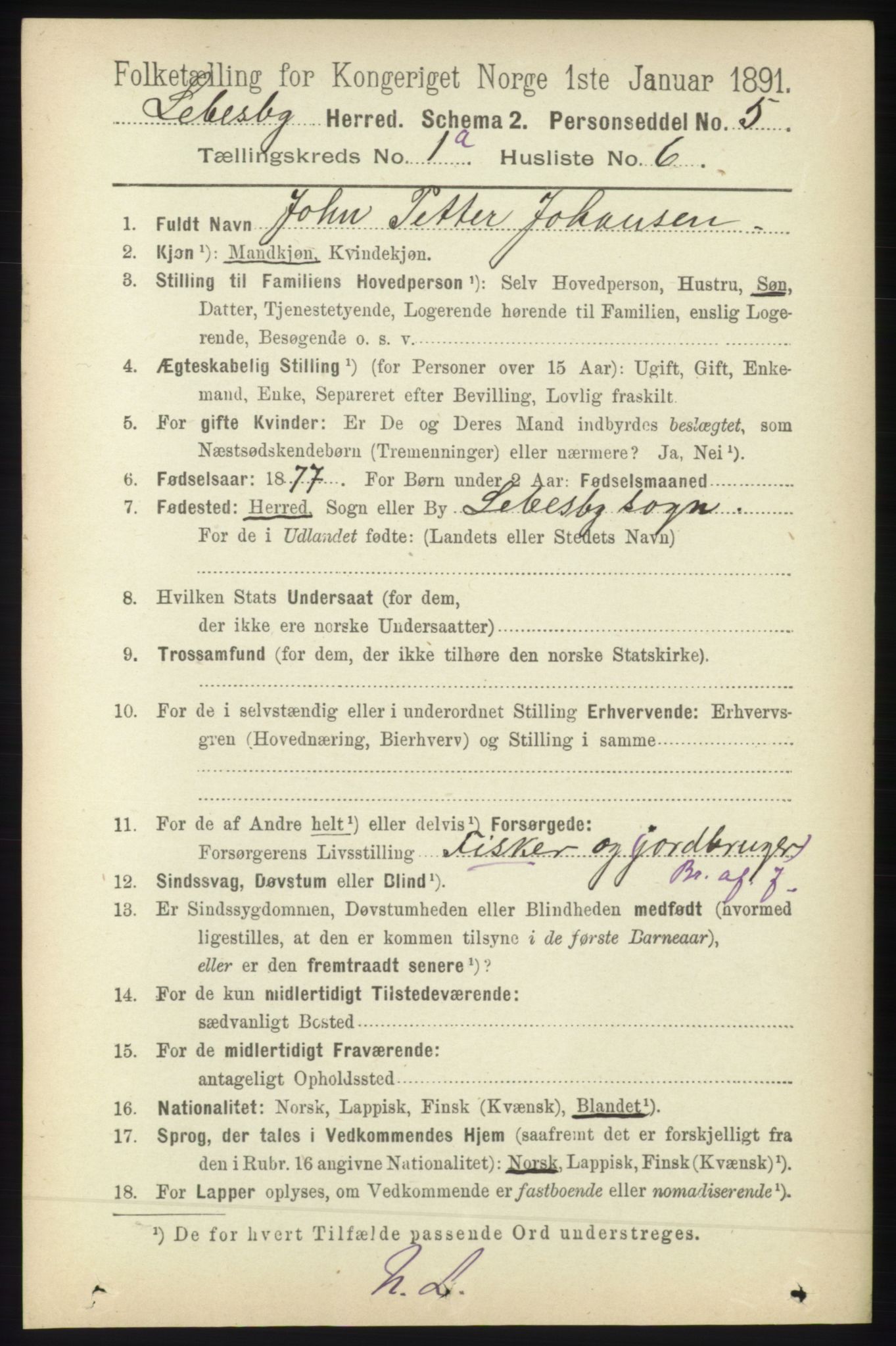 RA, 1891 census for 2022 Lebesby, 1891, p. 73