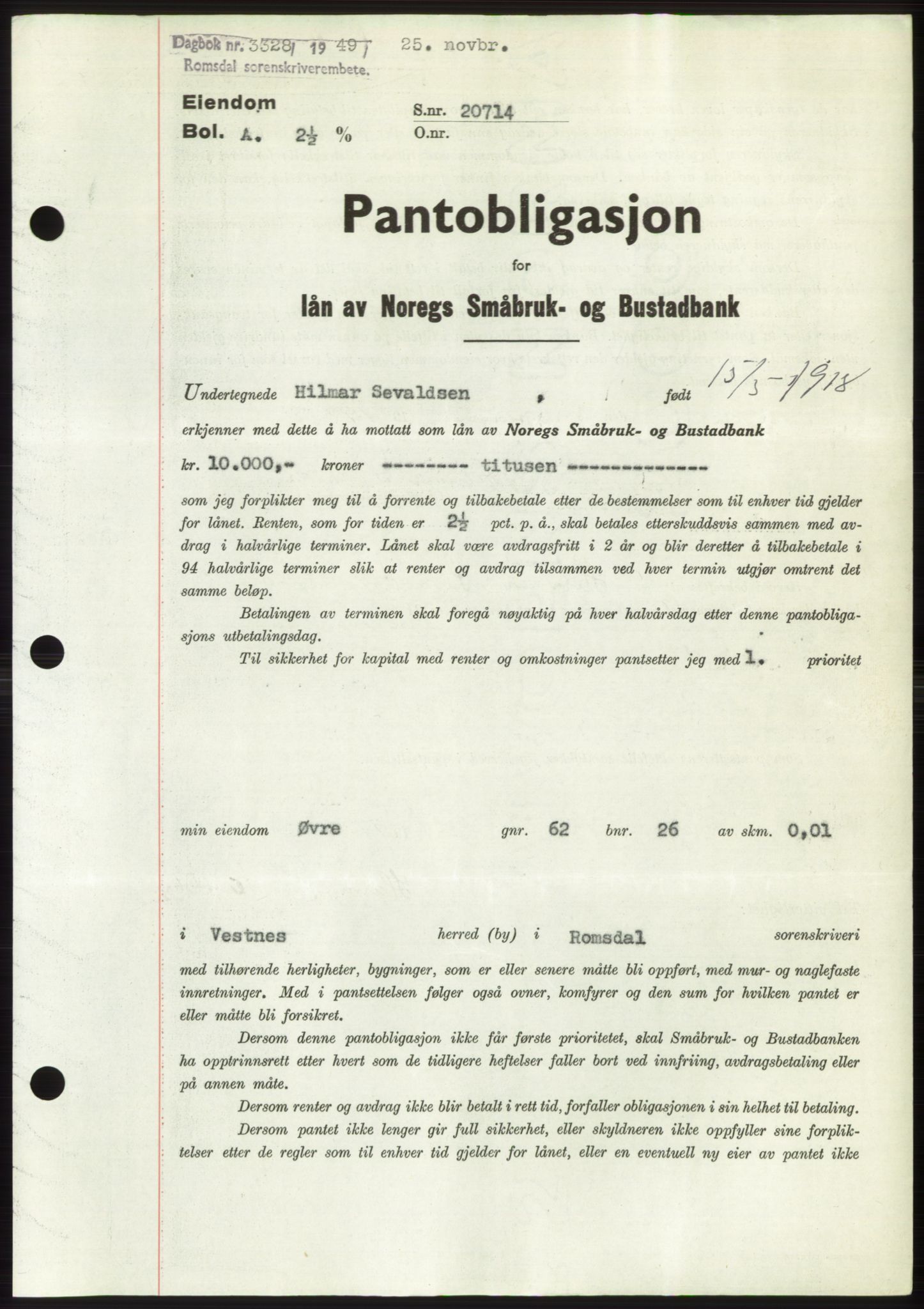 Romsdal sorenskriveri, AV/SAT-A-4149/1/2/2C: Mortgage book no. B5, 1949-1950, Diary no: : 3328/1949