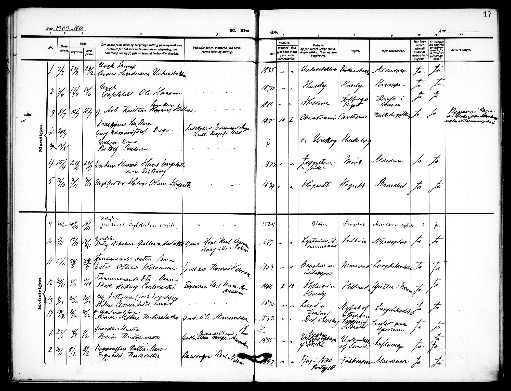 Aurskog prestekontor Kirkebøker, SAO/A-10304a/F/Fb/L0003: Parish register (official) no. II 3, 1909-1919, p. 17