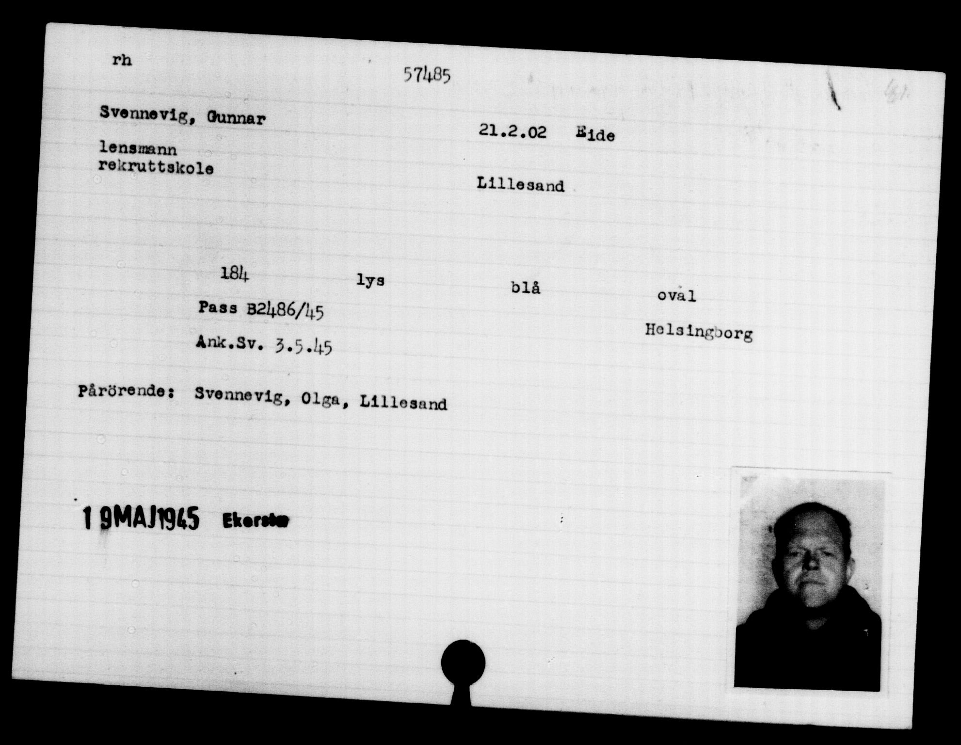 Utenriksstasjonene, Legasjonen i Stockholm, Flyktningkontoret, AV/RA-S-6753/V/Va/L0020: Kjesäterkartoteket, flyktninger med registreringsnr. 55000-58245, 1940-1945, p. 2484